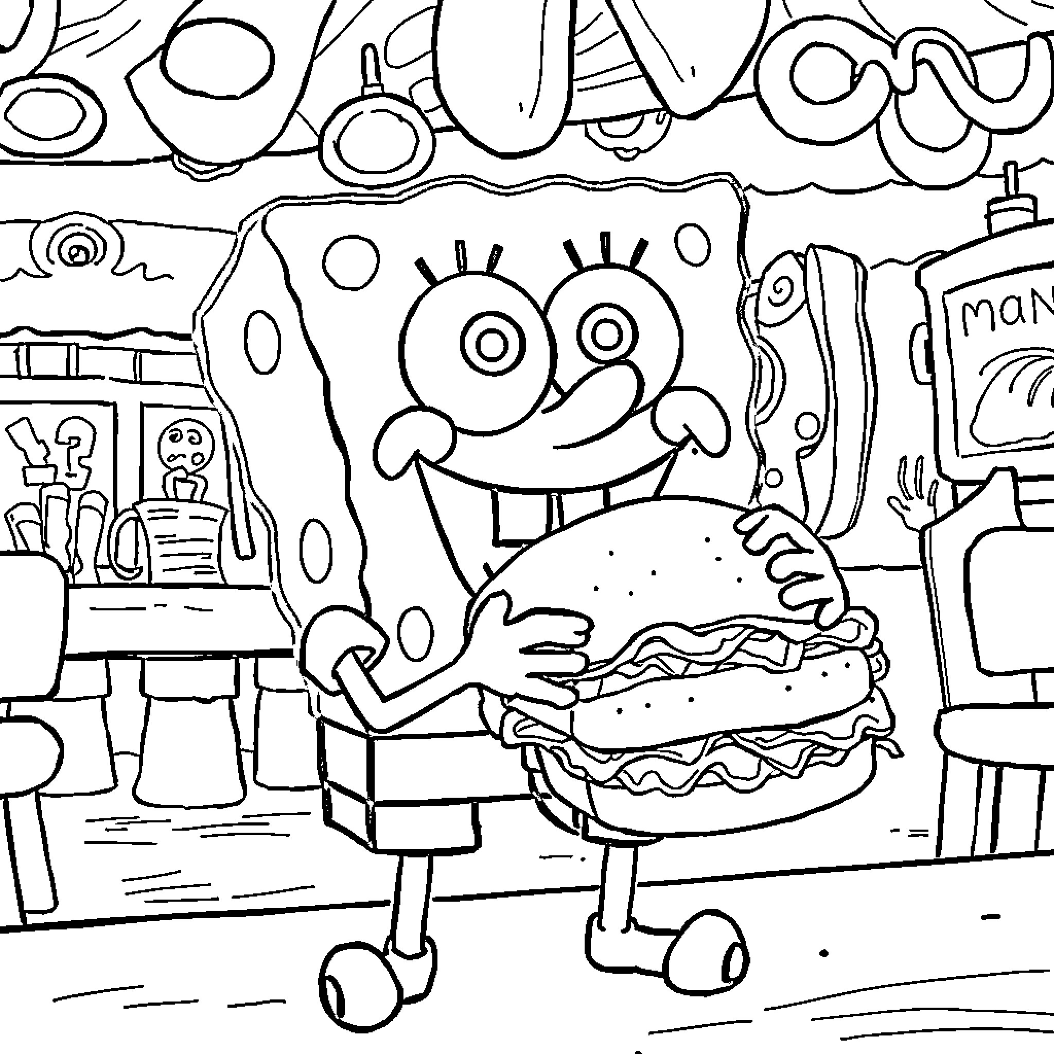 Spongebob enjoying a tasty burger at Krusty Krab Coloring Page (free black-and-white line drawing printable PDF for all, from beginners to advanced learners, including children, teens, adults, and seniors)