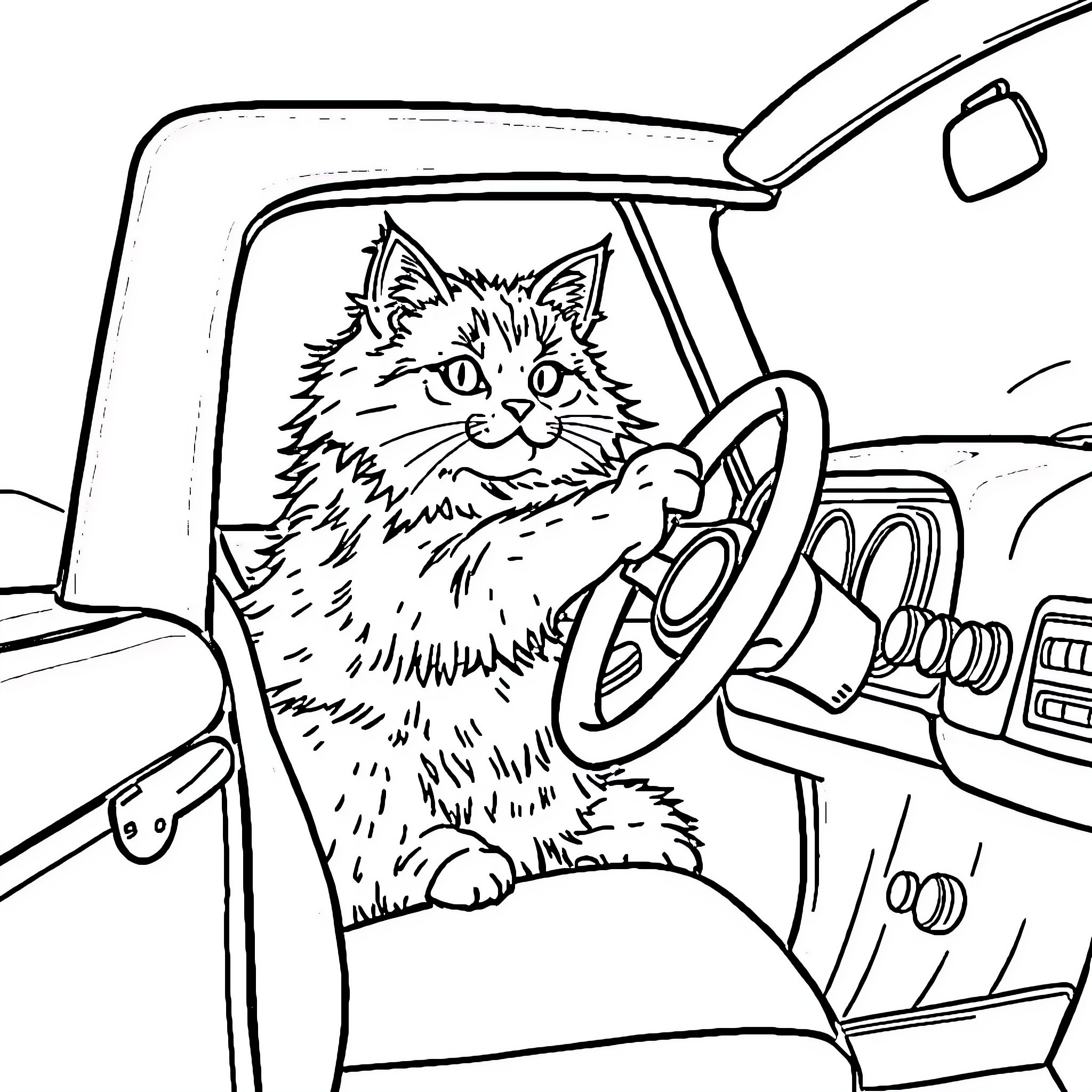 Cat driving a car Coloring Page (free black-and-white line drawing printable PDF for all, from beginners to advanced learners, including children, teens, adults, and seniors)