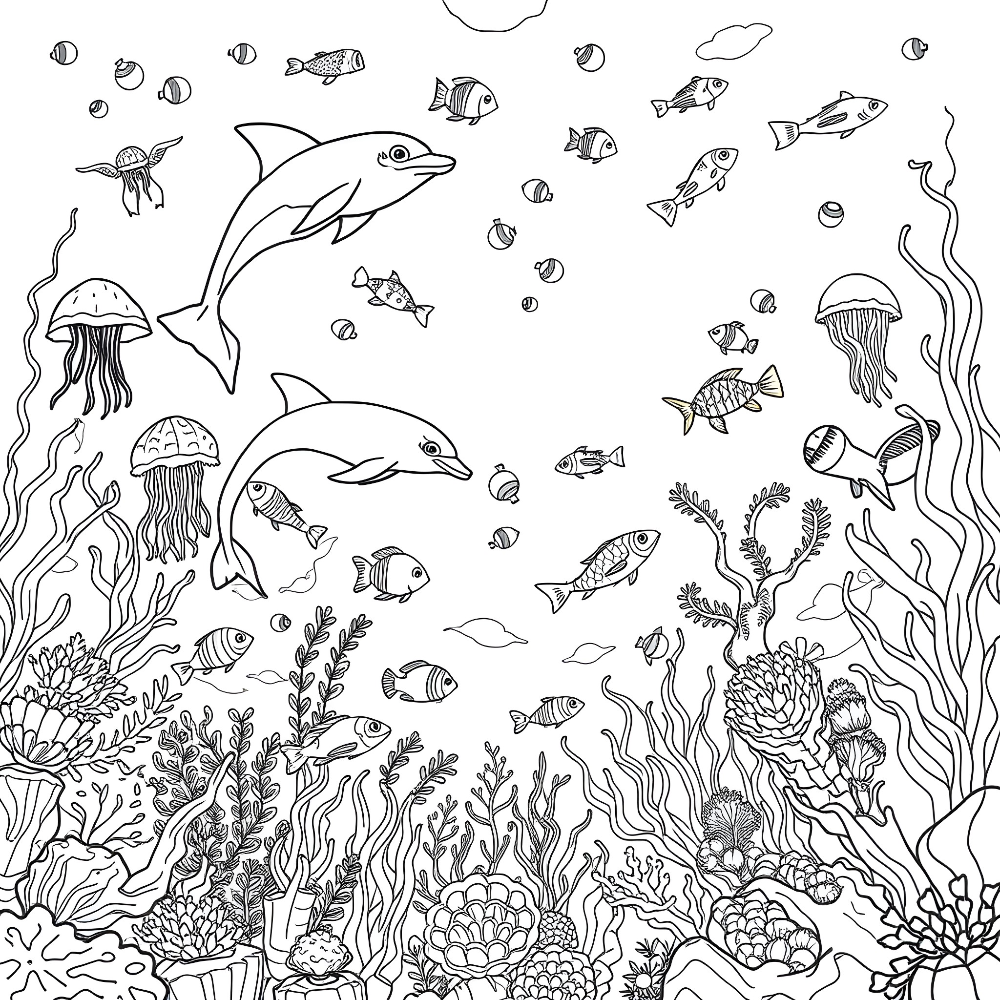 Sea Animals Exploring the Underwater World Coloring Page (free black-and-white line drawing printable PDF for all, from beginners to advanced learners, including children, teens, adults, and seniors)