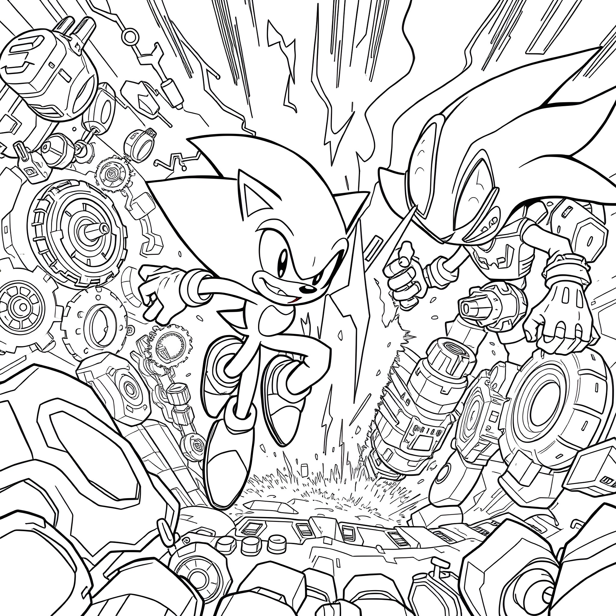 Sonic's Frenetic Adventure with Robotic Companions Coloring Page (free black-and-white line drawing printable PDF for all, from beginners to advanced learners, including children, teens, adults, and seniors)