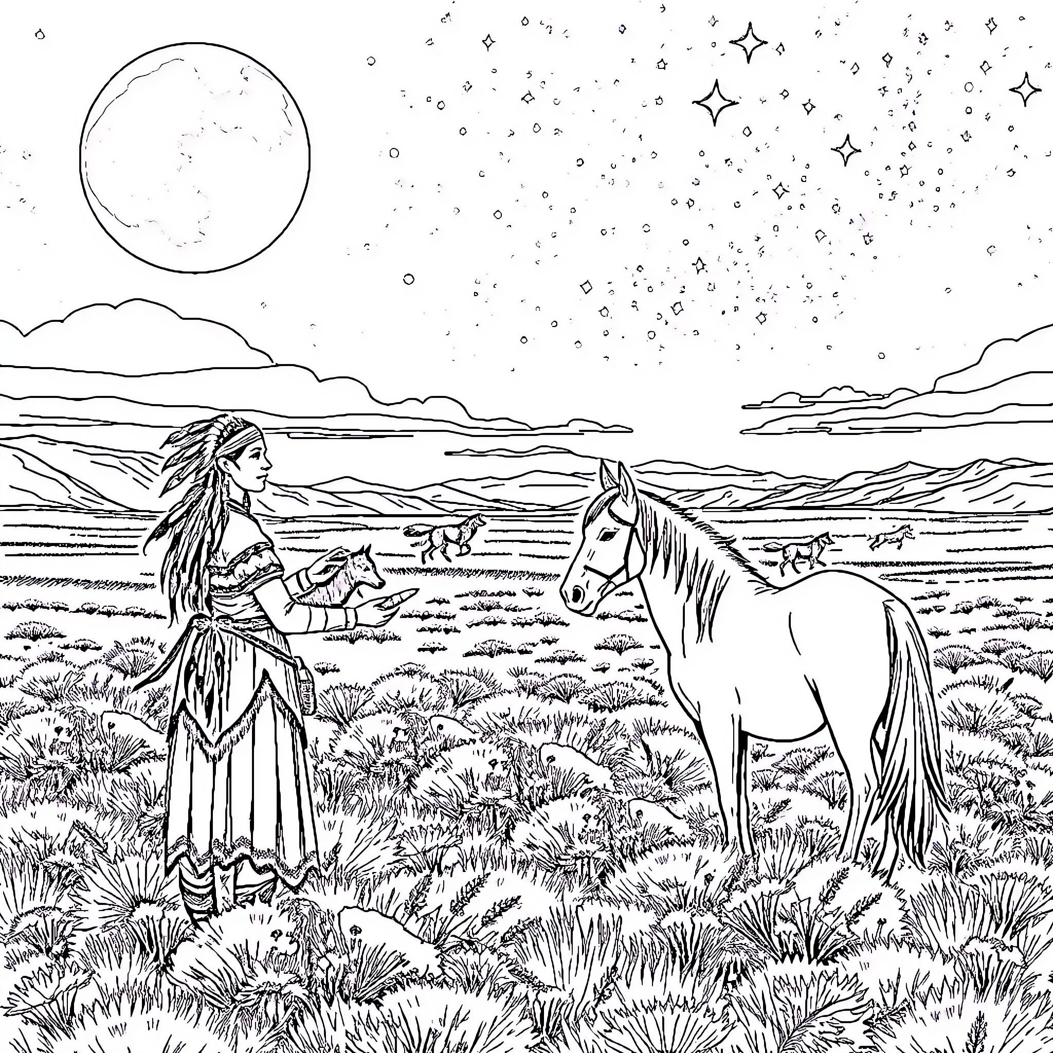 Native American Woman with Horse in Starry Night Landscape Coloring Page (free black-and-white line drawing printable PDF for all, from beginners to advanced learners, including children, teens, adults, and seniors)