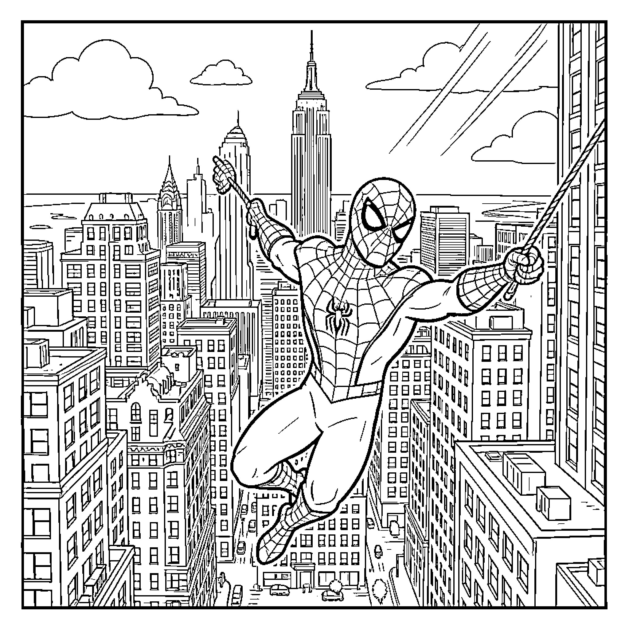 Spiderman swinging through the city skyscrapers Coloring Page (free black-and-white line drawing printable PDF for all, from beginners to advanced learners, including children, teens, adults, and seniors)