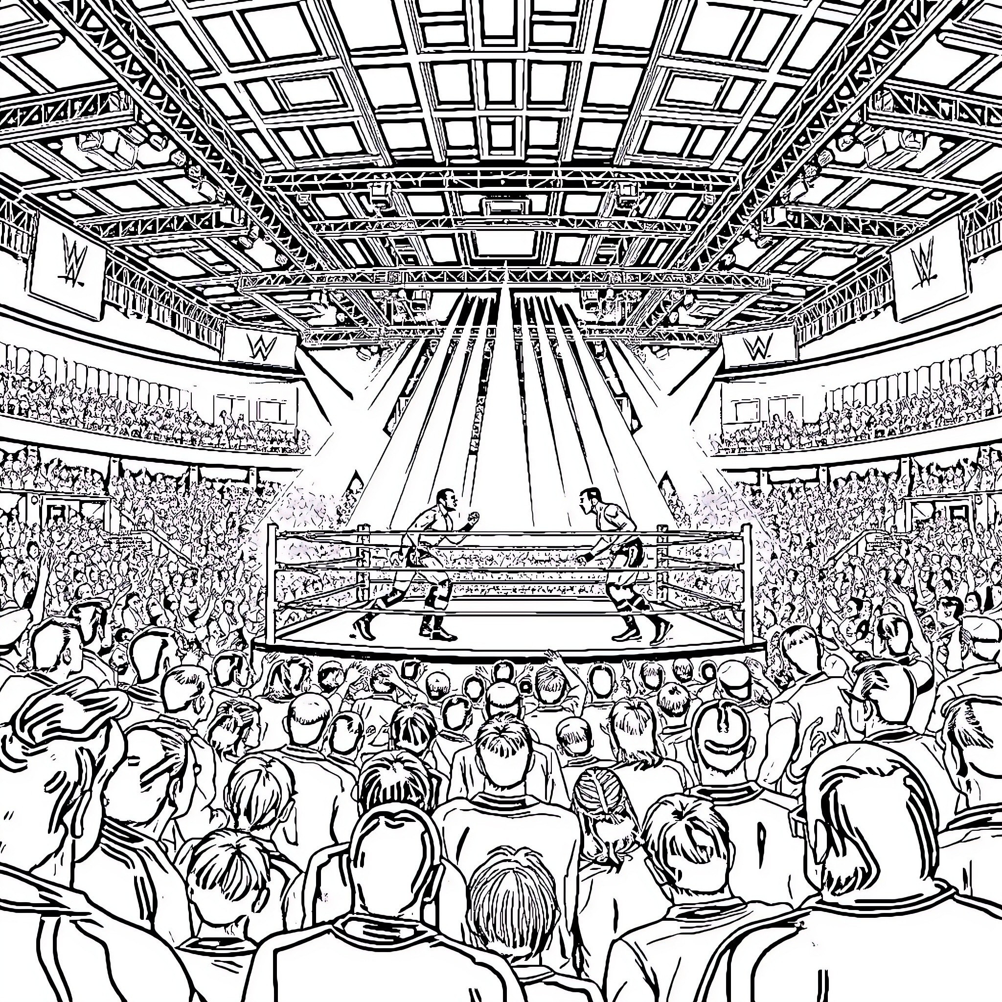 Wrestlers in intense match before crowded arena Coloring Page (free black-and-white line drawing printable PDF for all, from beginners to advanced learners, including children, teens, adults, and seniors)