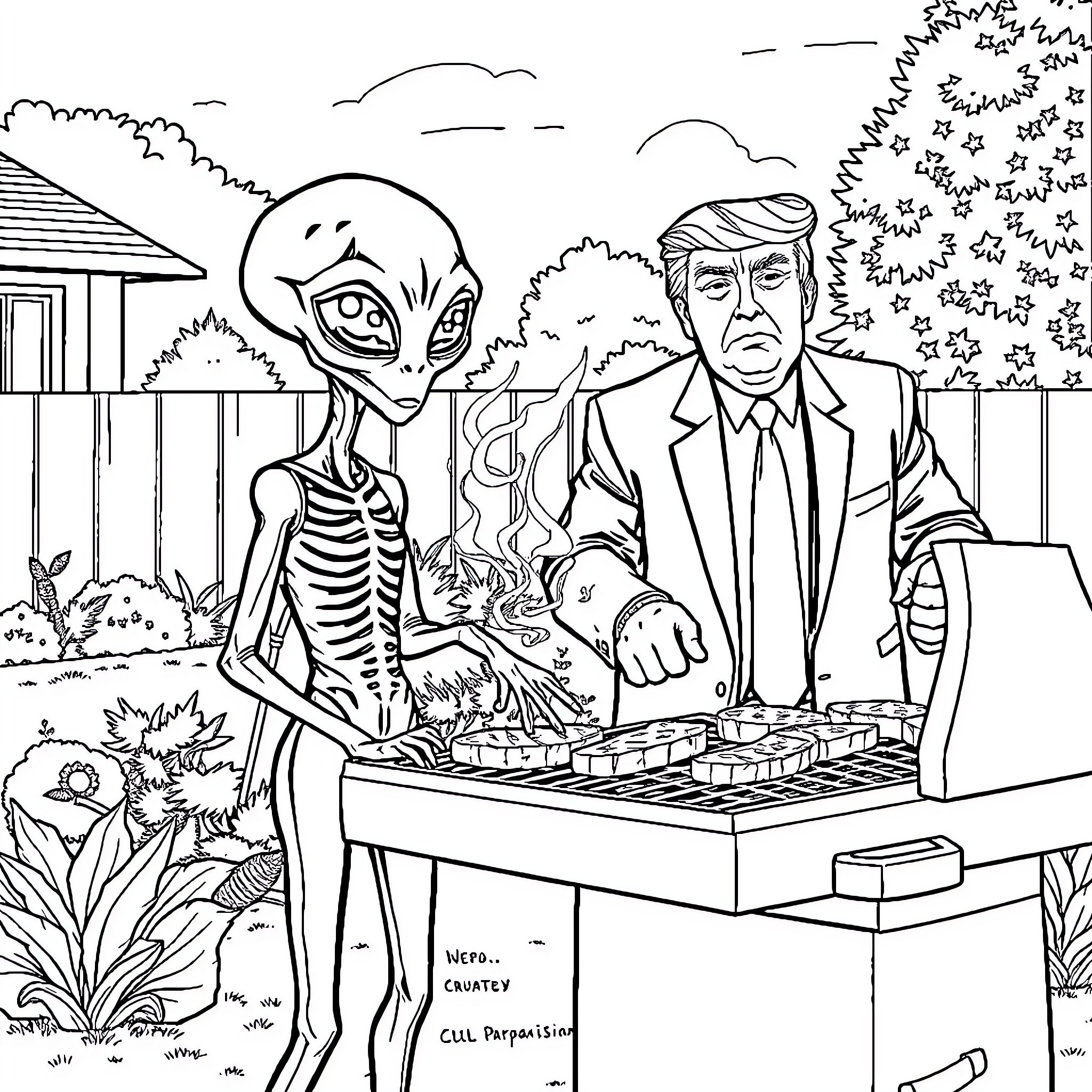 Alien Encounters with Political Figures in Surreal Backyard Coloring Page (free black-and-white line drawing printable PDF for all, from beginners to advanced learners, including children, teens, adults, and seniors)