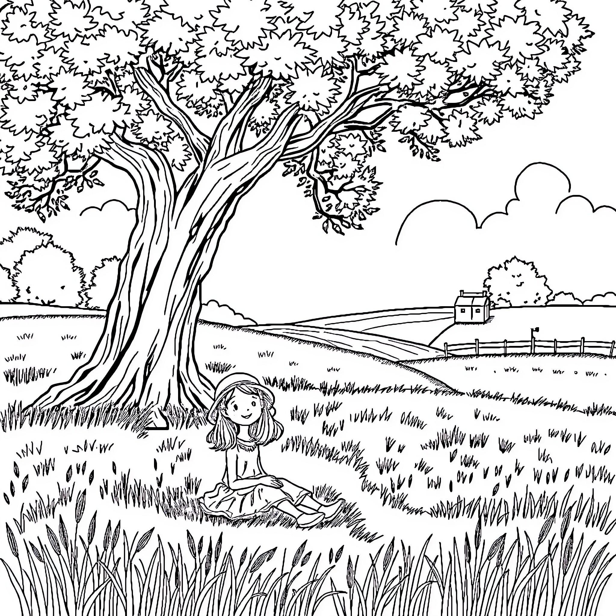 Girl sitting peacefully under the large tree Coloring Page (free black-and-white line drawing printable PDF for all, from beginners to advanced learners, including children, teens, adults, and seniors)