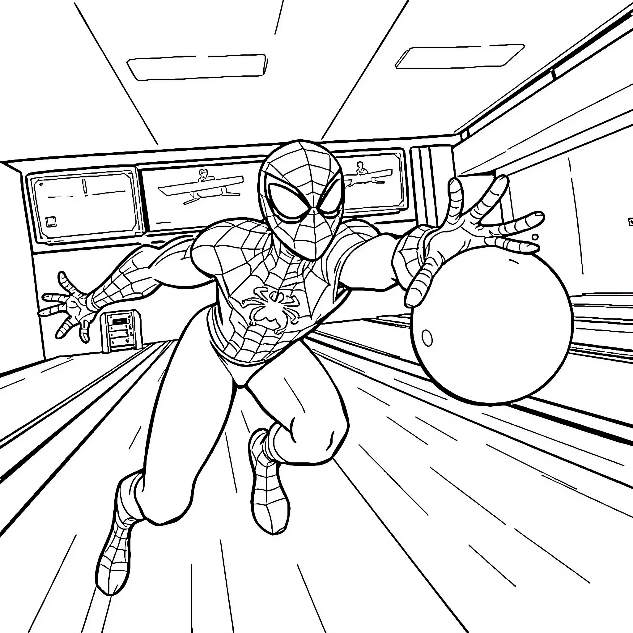 Spiderman swinging into action in a high-tech setting Coloring Page (free black-and-white line drawing printable PDF for all, from beginners to advanced learners, including children, teens, adults, and seniors)