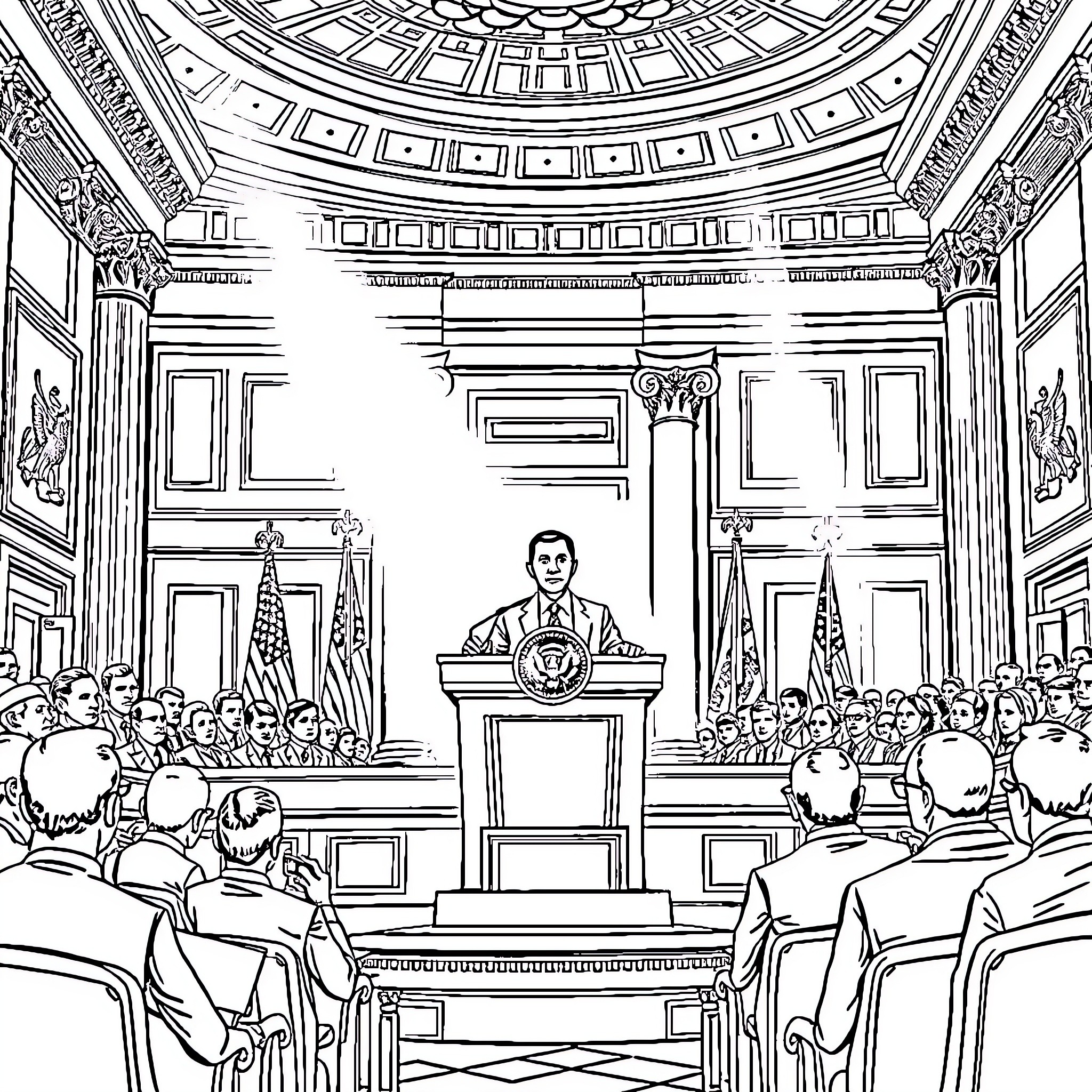 President Delivering a Speech in Congress Coloring Page (free black-and-white line drawing printable PDF for all, from beginners to advanced learners, including children, teens, adults, and seniors)
