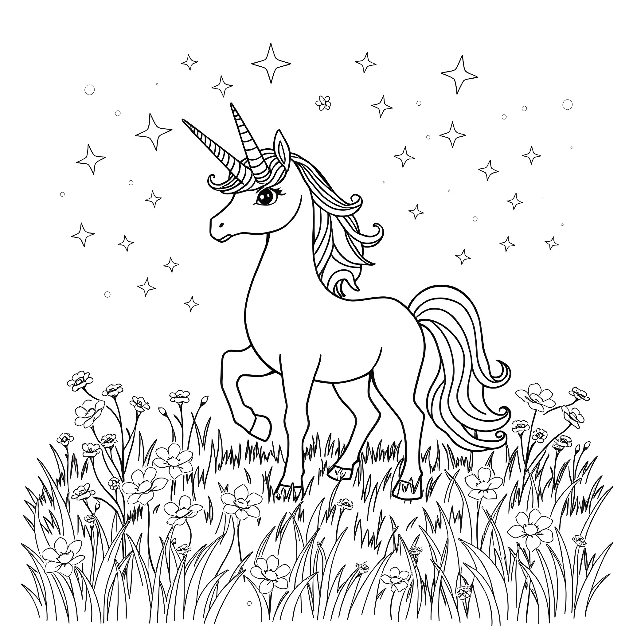 Unicorn standing in a magical field of flowers Coloring Page (free black-and-white line drawing printable PDF for all, from beginners to advanced learners, including children, teens, adults, and seniors)