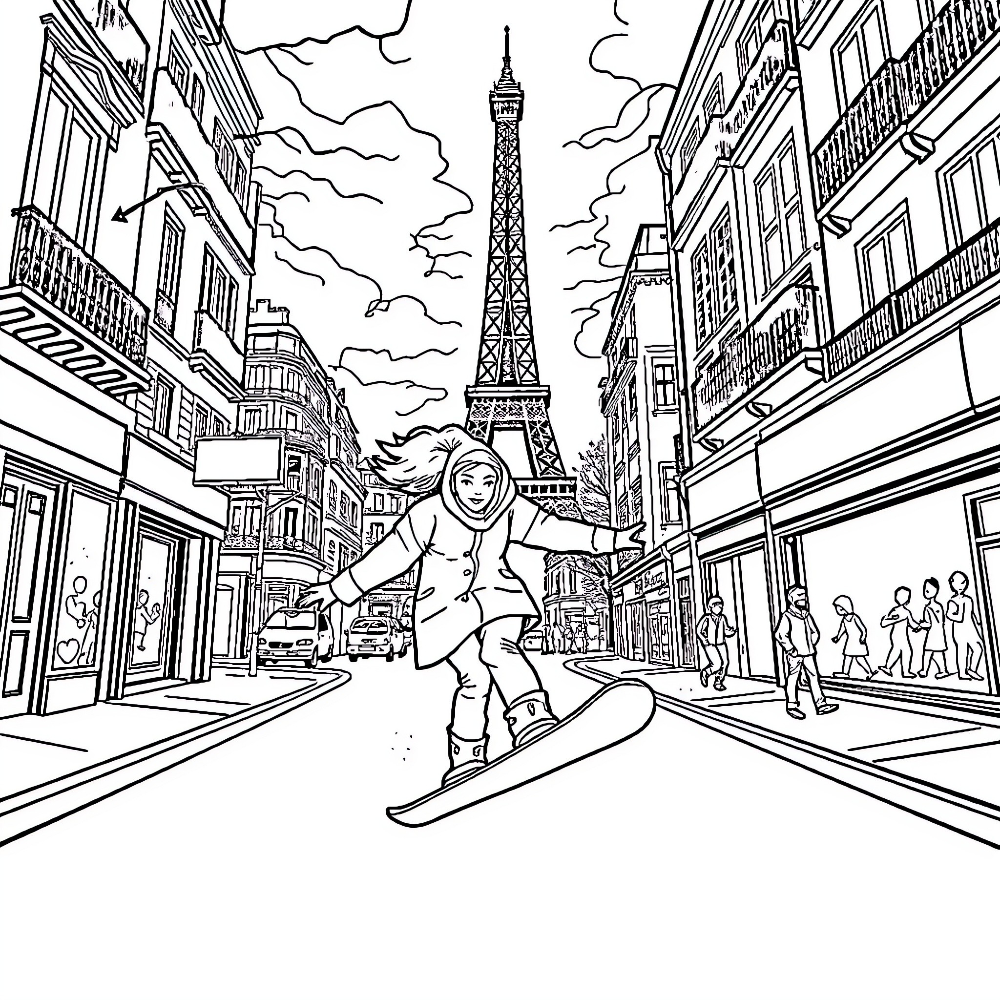 Spider-person snowboarding through a city landscape Coloring Page (free black-and-white line drawing printable PDF for all, from beginners to advanced learners, including children, teens, adults, and seniors)