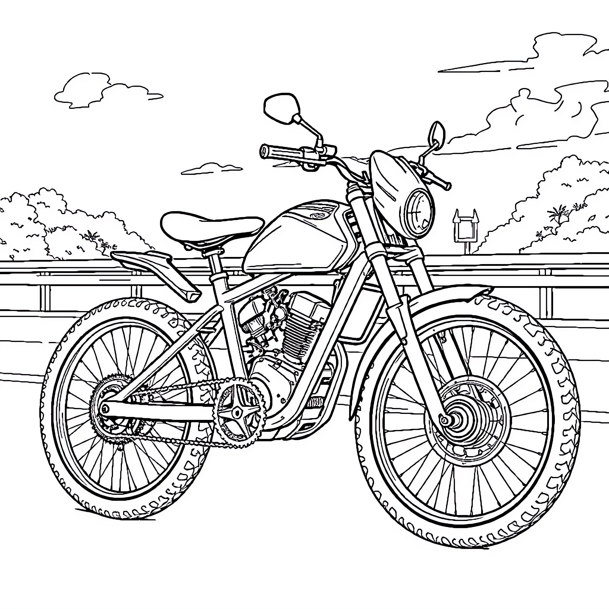 Bicycle on the open road Coloring Page (free black-and-white line drawing printable PDF for all, from beginners to advanced learners, including children, teens, adults, and seniors)