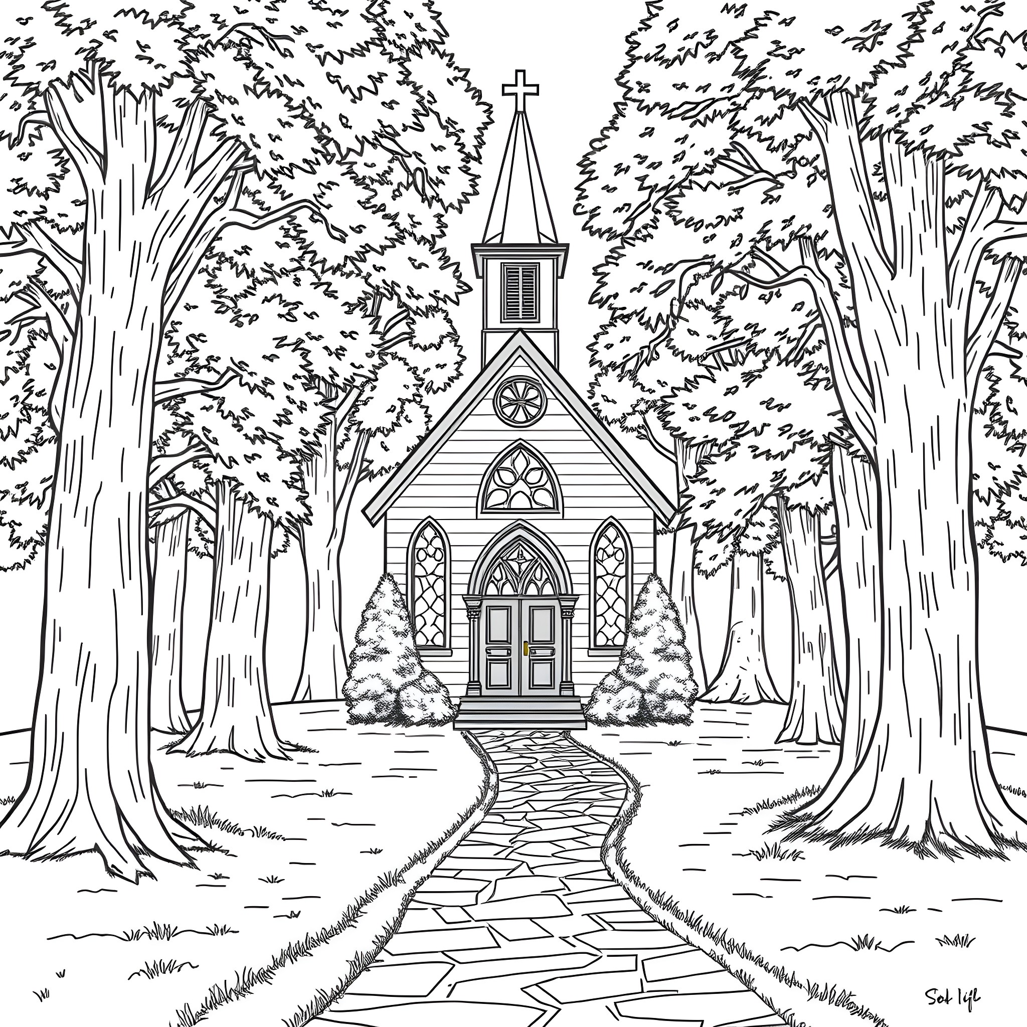 Church in the tranquil forest Coloring Page (free black-and-white line drawing printable PDF for all, from beginners to advanced learners, including children, teens, adults, and seniors)