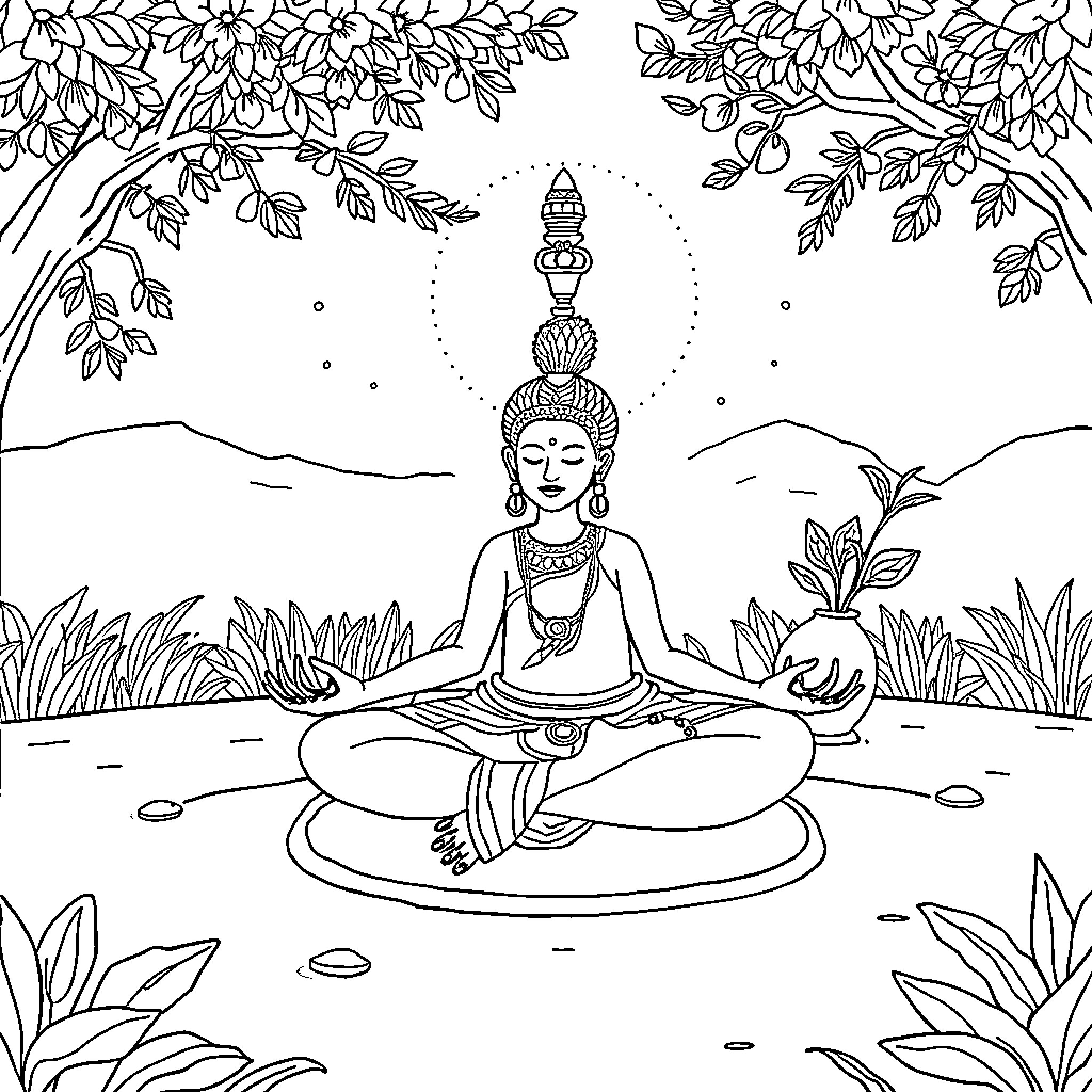 Labubu's Meditative Serenity in the Nature's Embrace Coloring Page (free black-and-white line drawing printable PDF for all, from beginners to advanced learners, including children, teens, adults, and seniors)