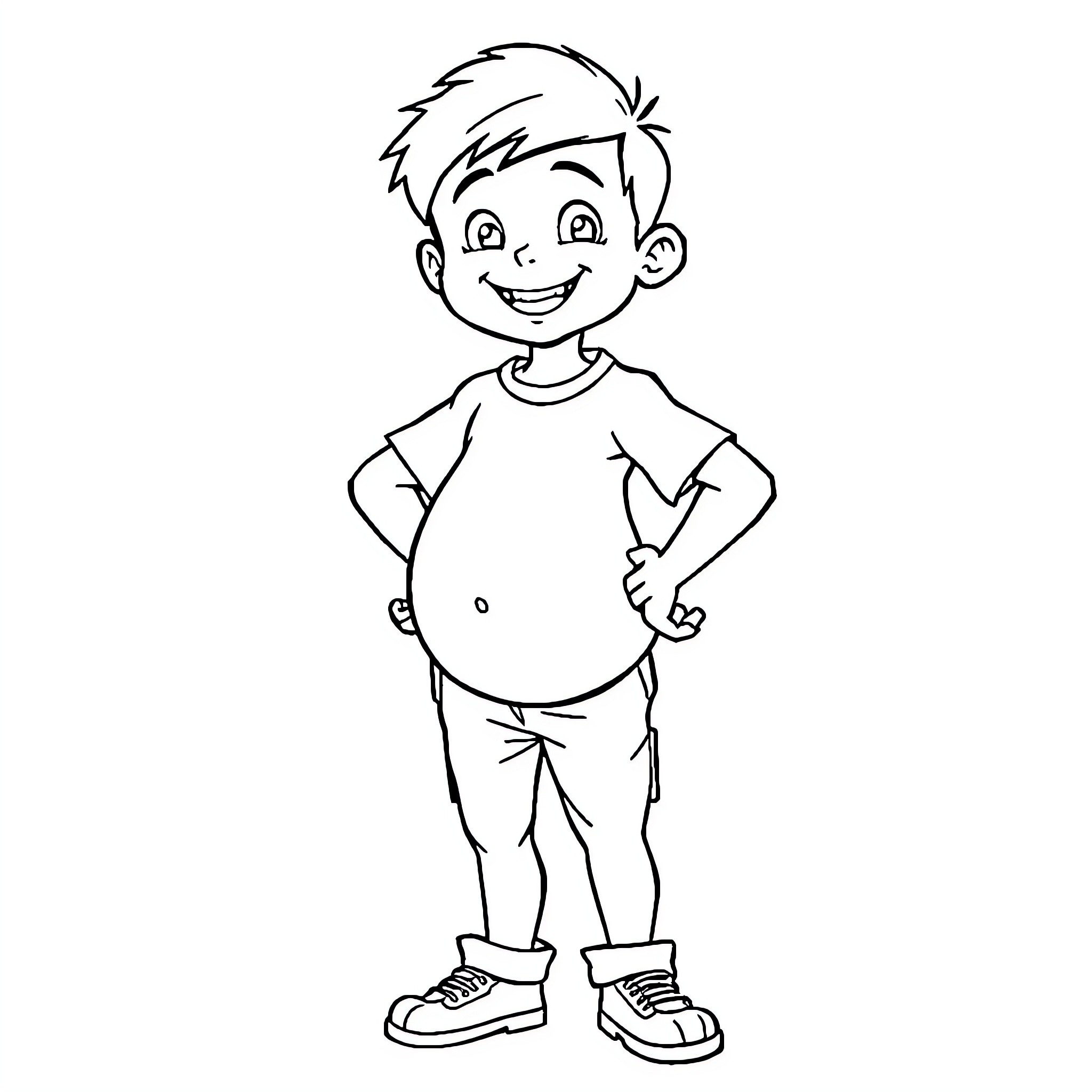 Boy posing with a cheerful expression Coloring Page (free black-and-white line drawing printable PDF for all, from beginners to advanced learners, including children, teens, adults, and seniors)