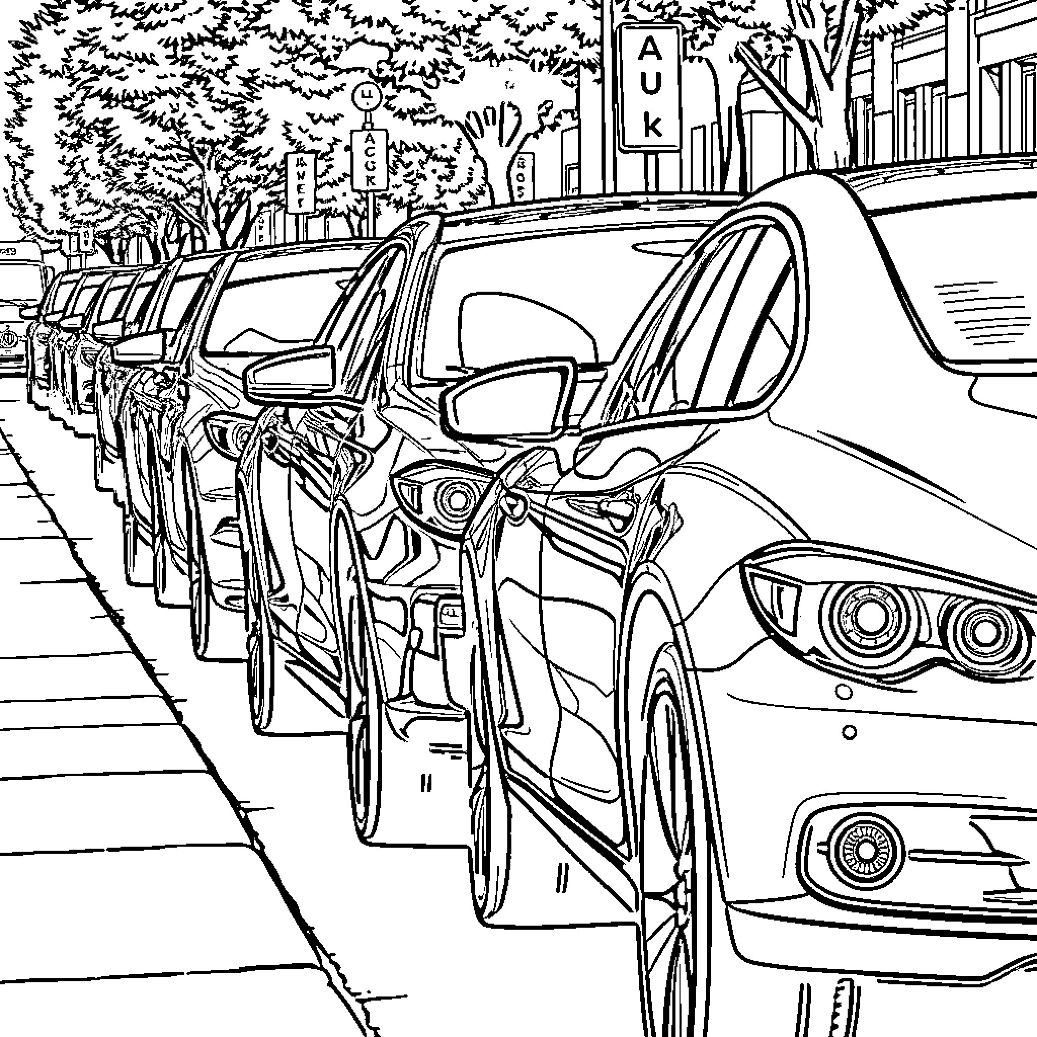 Cars parked in a row on city street Coloring Page (free black-and-white line drawing printable PDF for all, from beginners to advanced learners, including children, teens, adults, and seniors)