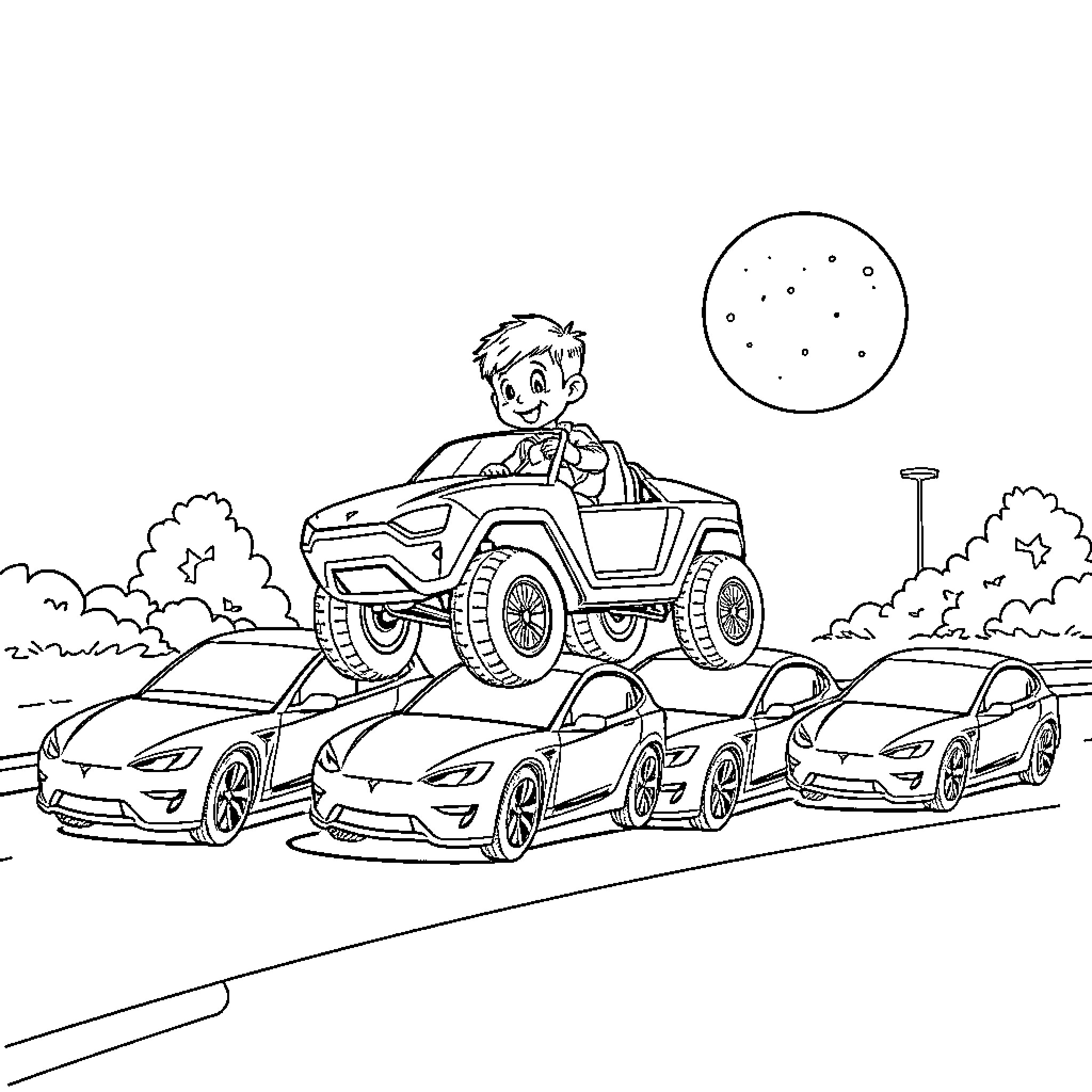 Boy driving a toy vehicle on the road Coloring Page (free black-and-white line drawing printable PDF for all, from beginners to advanced learners, including children, teens, adults, and seniors)