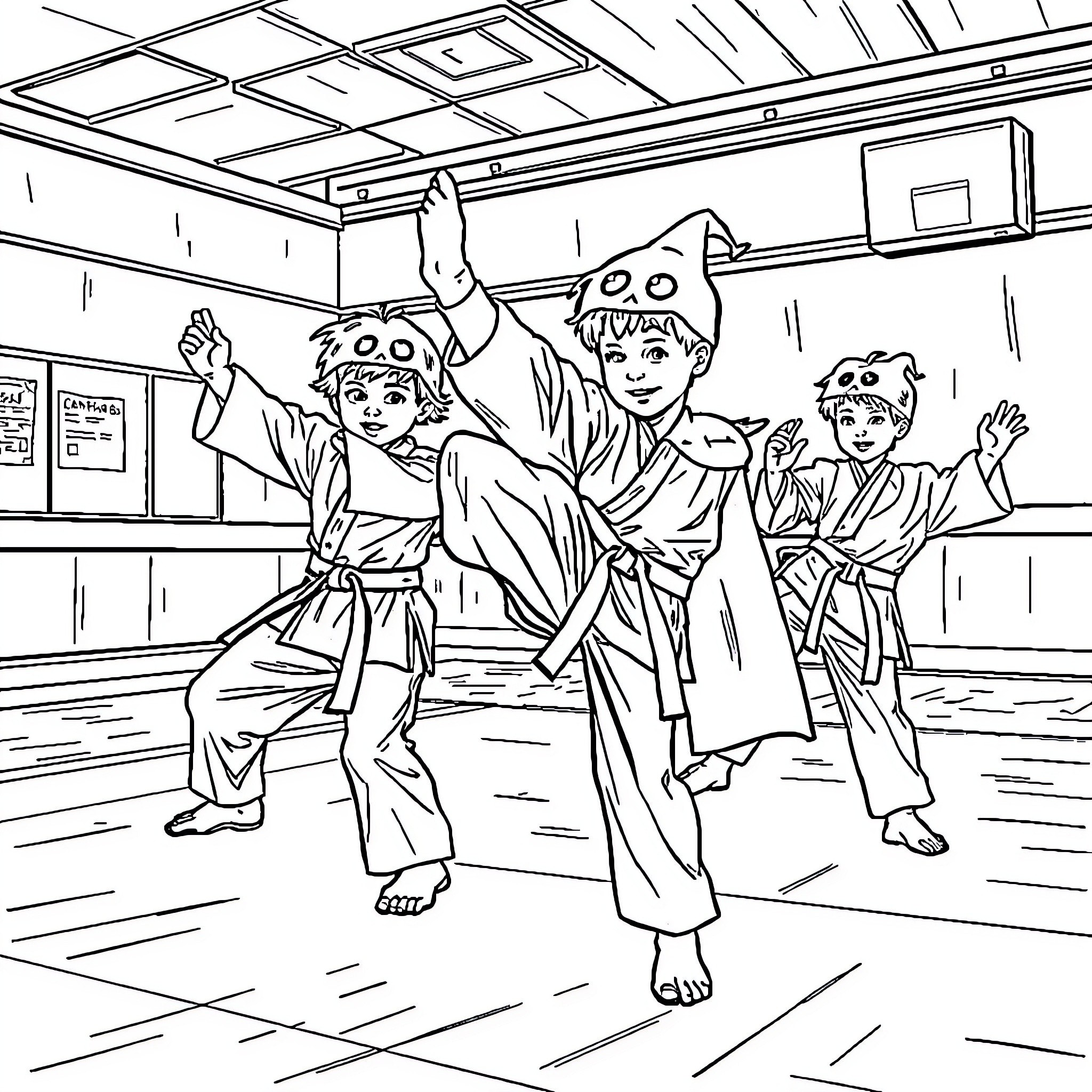 Taekwondo students practicing martial arts in a school gymnasium Coloring Page (free black-and-white line drawing printable PDF for all, from beginners to advanced learners, including children, teens, adults, and seniors)