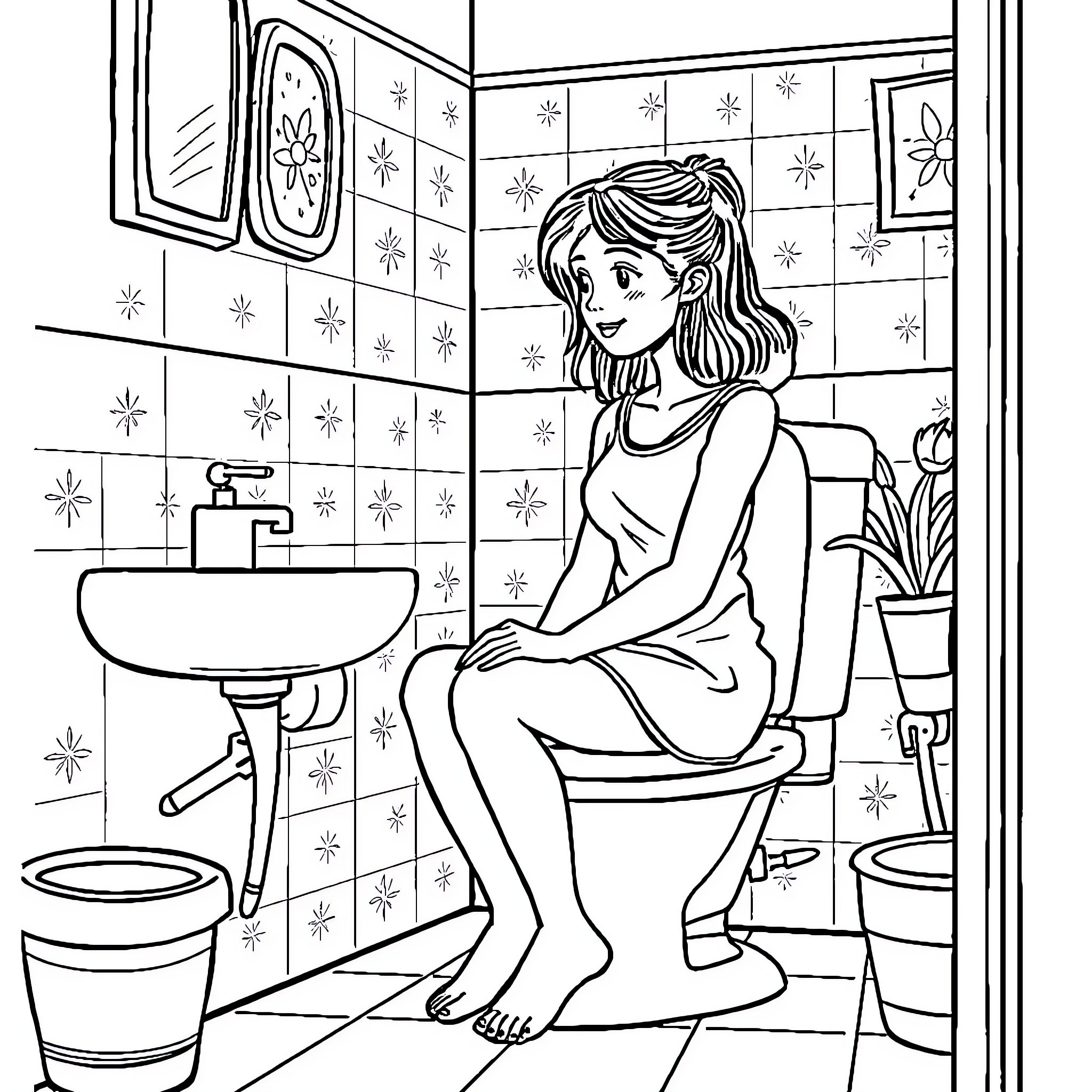 Mom enjoys peaceful time in the bathroom Coloring Page (free black-and-white line drawing printable PDF for all, from beginners to advanced learners, including children, teens, adults, and seniors)