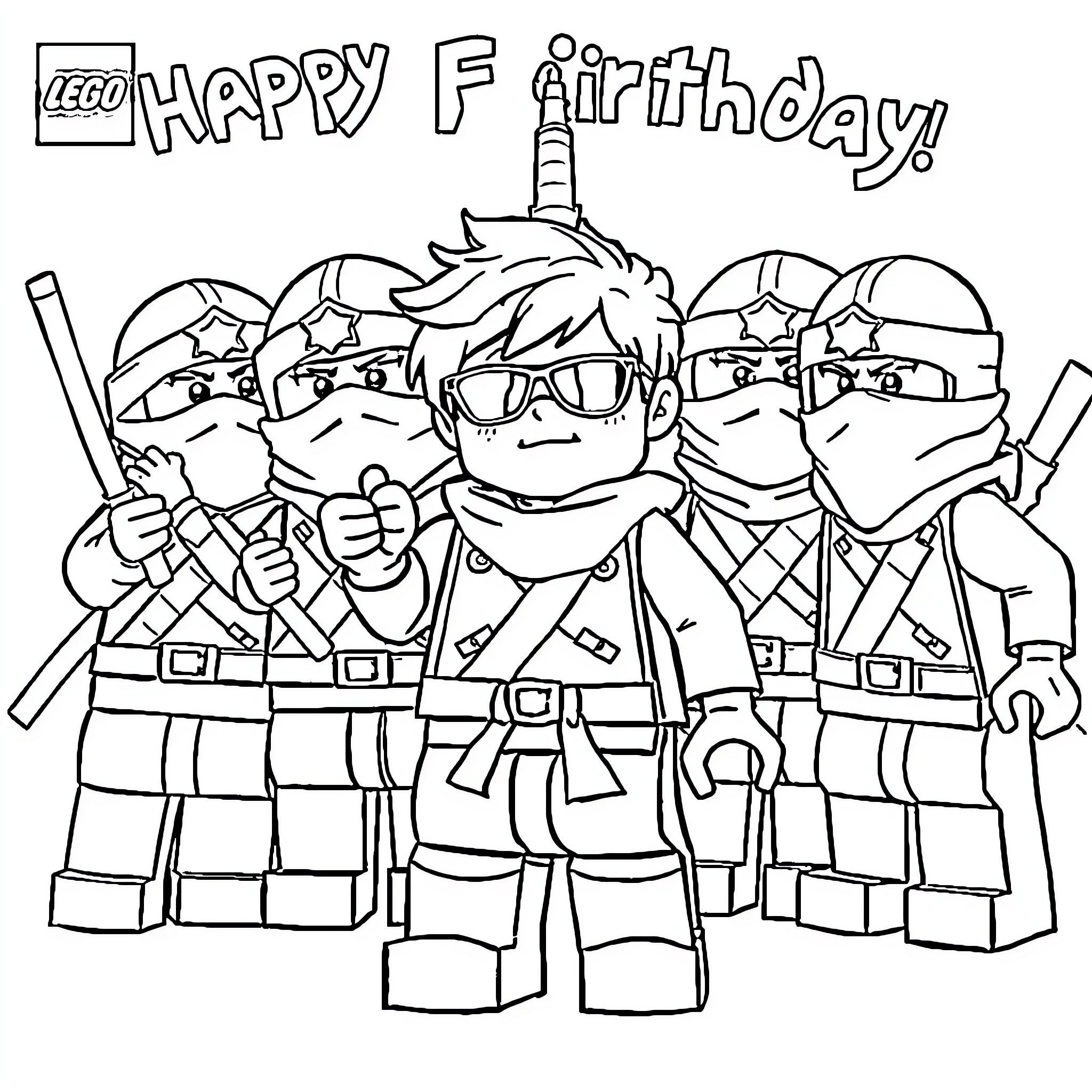 Ninjago Ninjas Celebrate a Happy Birthday Coloring Page (free black-and-white line drawing printable PDF for all, from beginners to advanced learners, including children, teens, adults, and seniors)