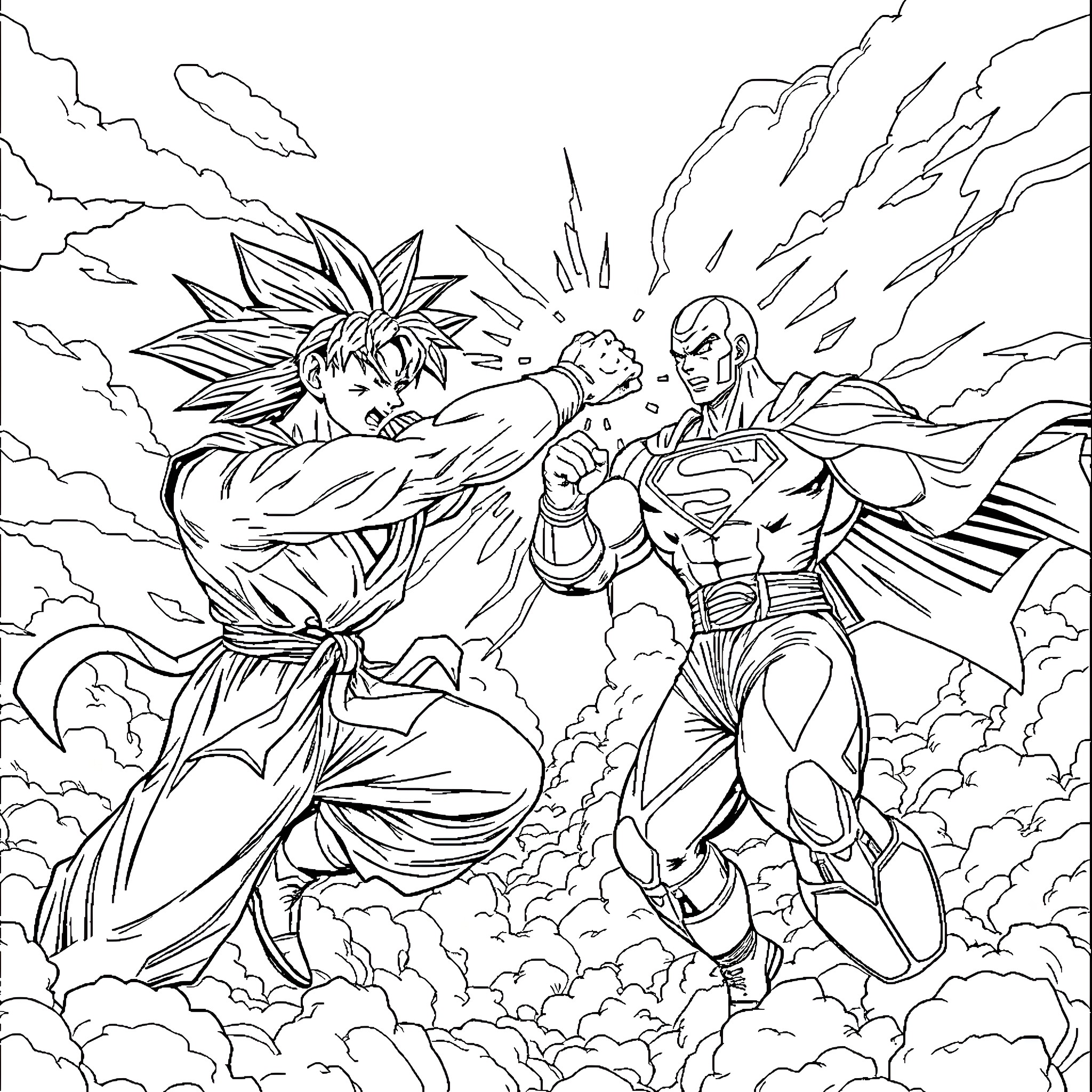Goku and Superman in epic battle Coloring Page (free black-and-white line drawing printable PDF for all, from beginners to advanced learners, including children, teens, adults, and seniors)