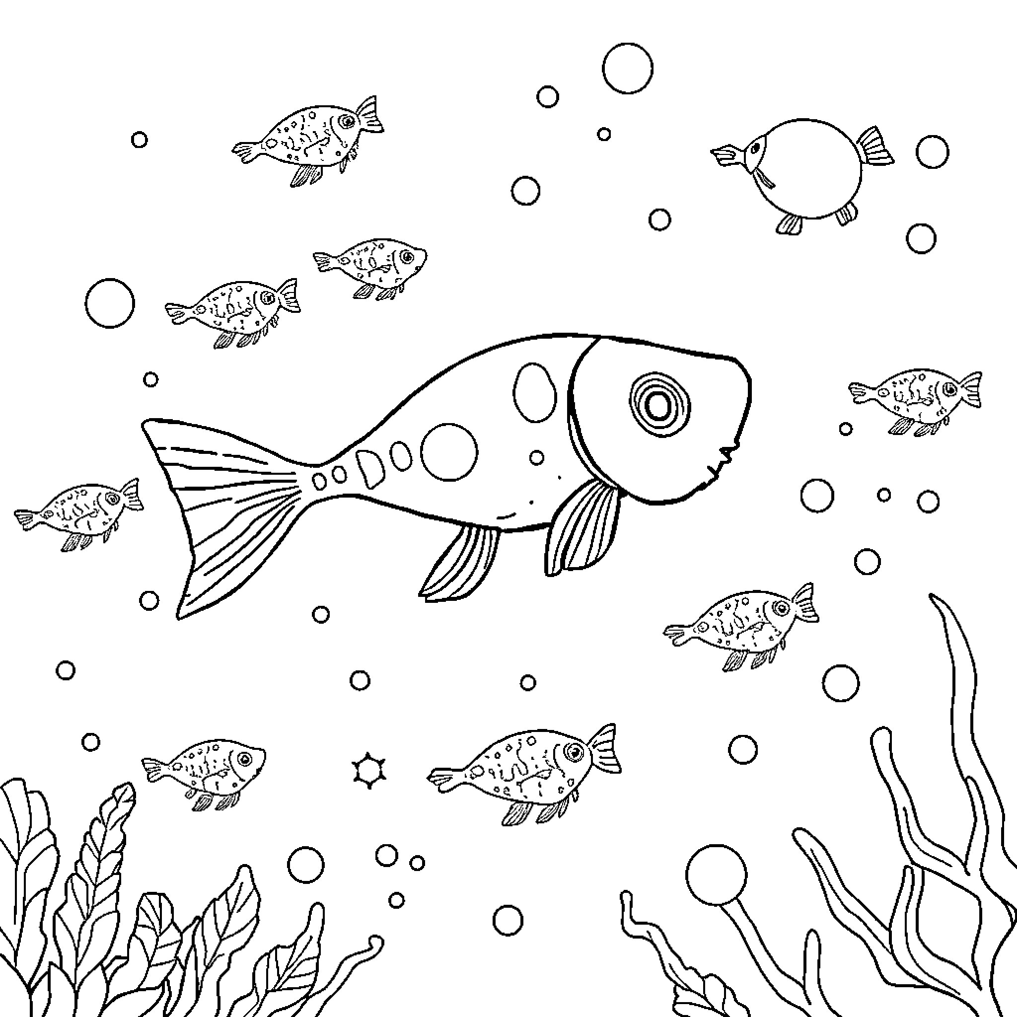 Zooplankton playing in the underwater scene Coloring Page (free black-and-white line drawing printable PDF for all, from beginners to advanced learners, including children, teens, adults, and seniors)