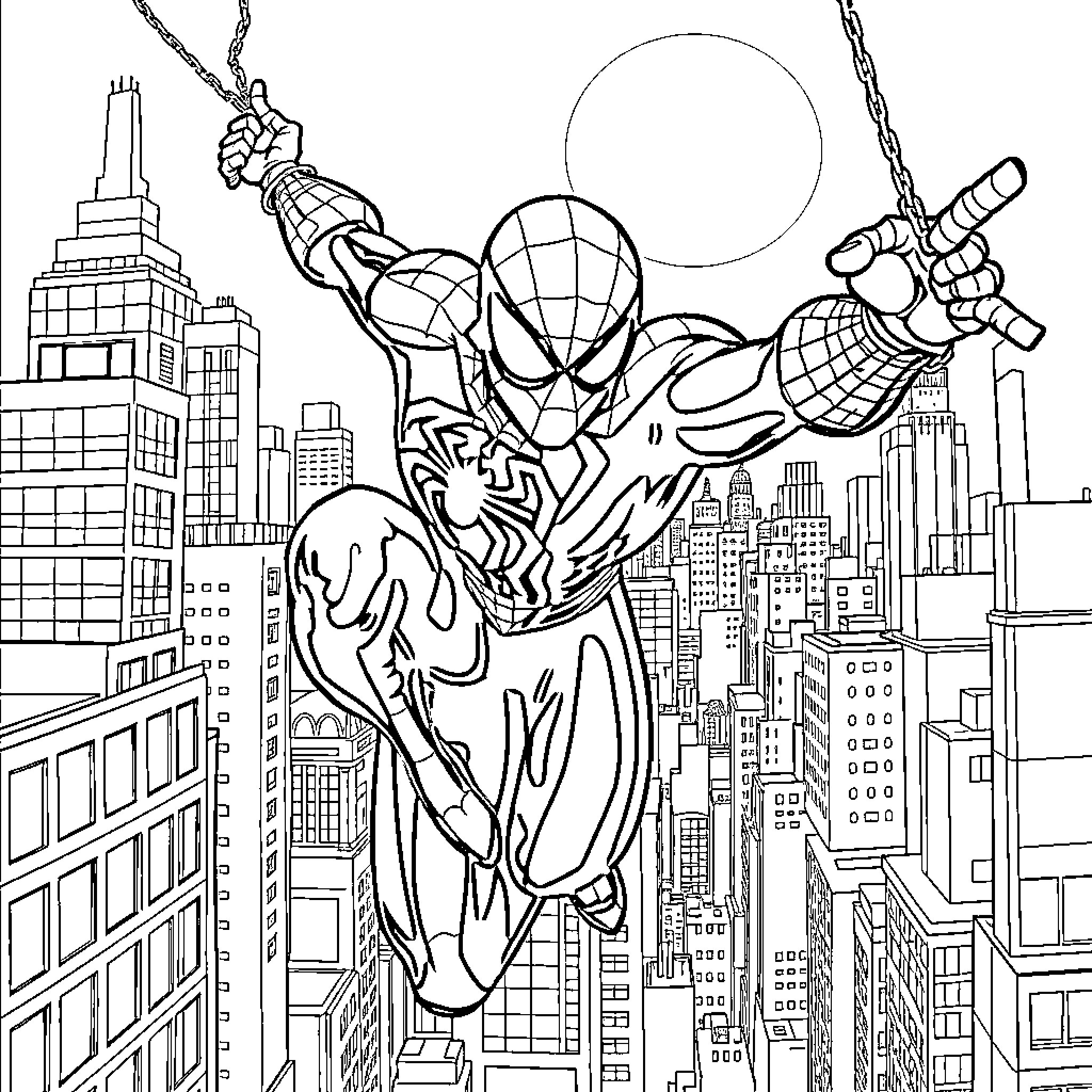 Spider-Man swinging through the city skyline Coloring Page (free black-and-white line drawing printable PDF for all, from beginners to advanced learners, including children, teens, adults, and seniors)