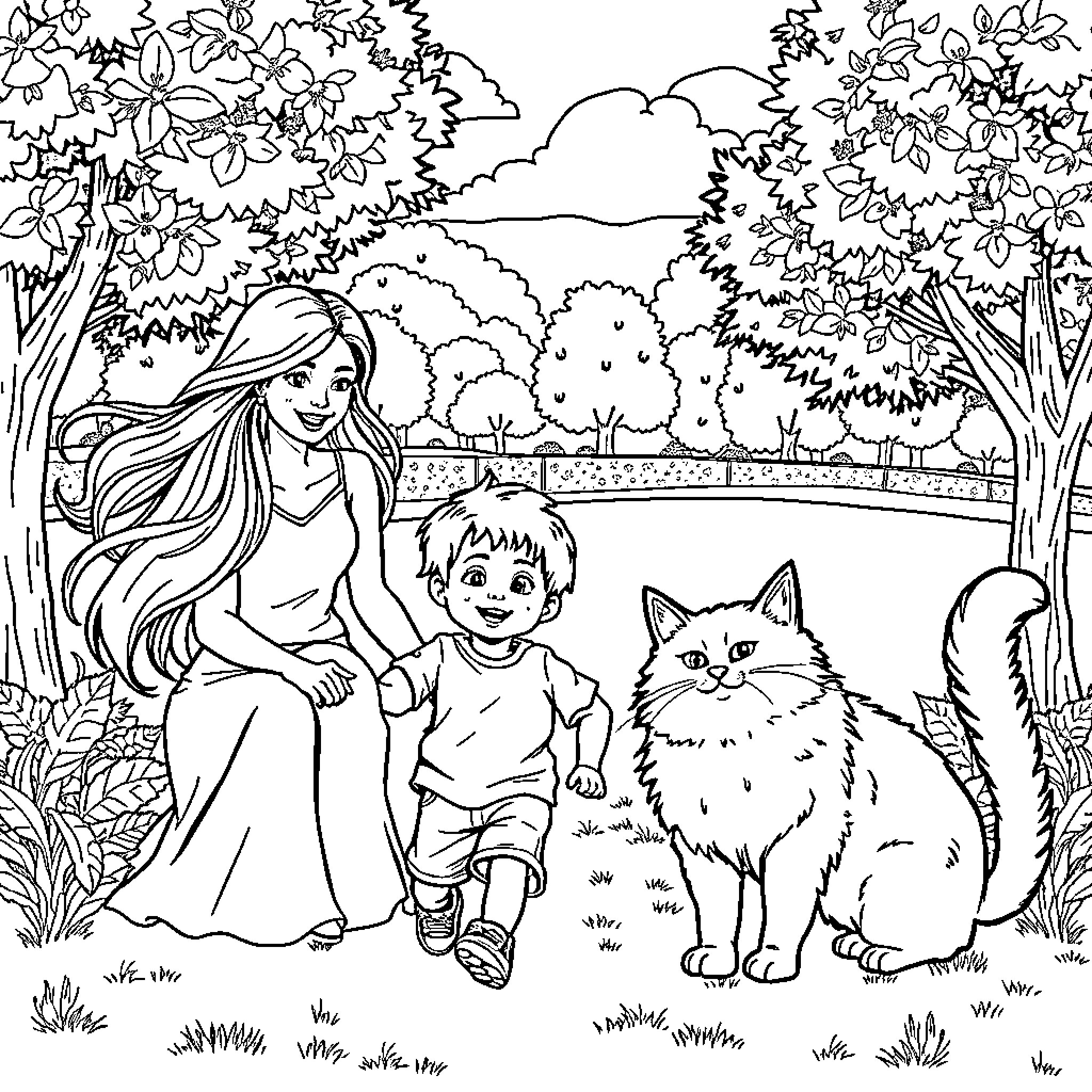 Woman and child playing happily with a cat in the park Coloring Page (free black-and-white line drawing printable PDF for all, from beginners to advanced learners, including children, teens, adults, and seniors)