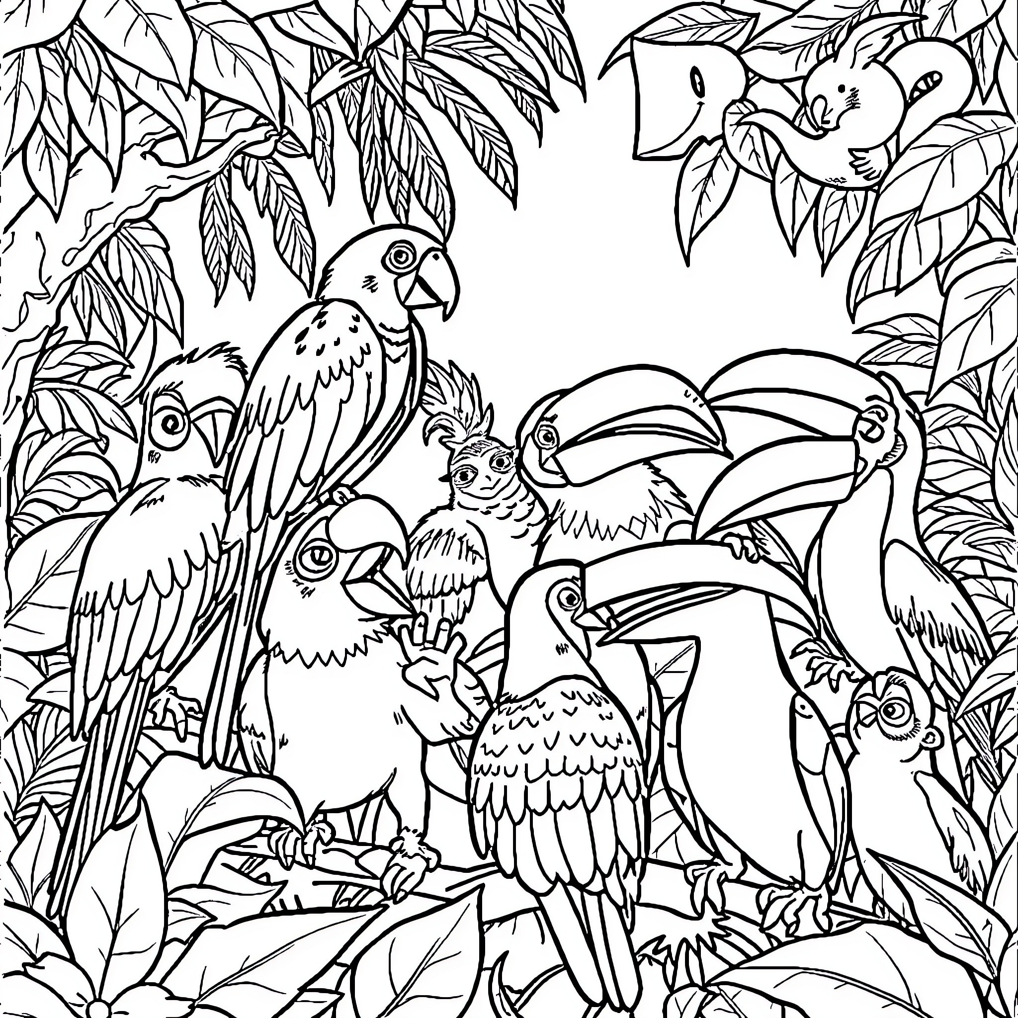 Animal tropical birds in lush foliage Coloring Page (free black-and-white line drawing printable PDF for all, from beginners to advanced learners, including children, teens, adults, and seniors)