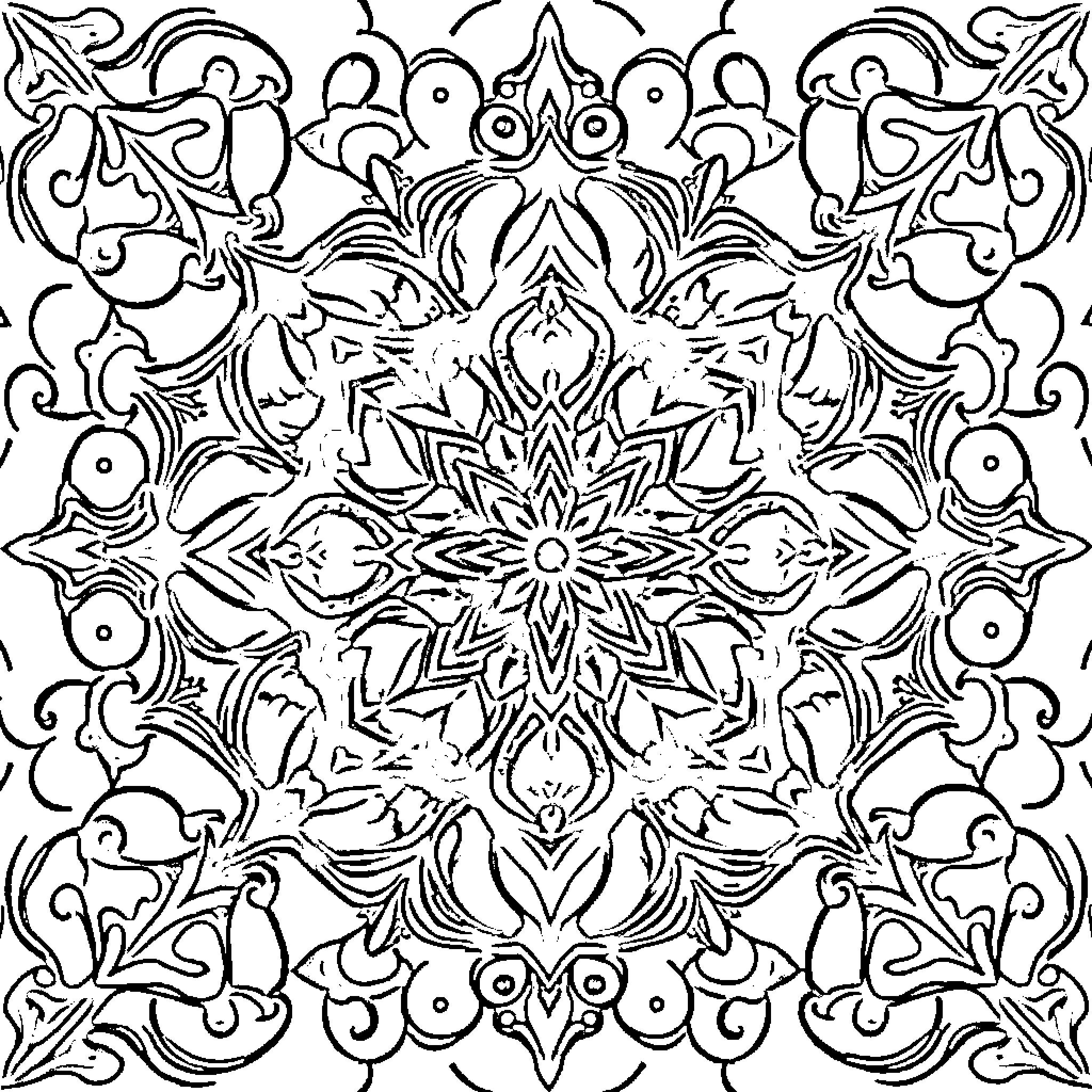 Geometric Pattern of Intricate Floral Designs Coloring Page (free black-and-white line drawing printable PDF for all, from beginners to advanced learners, including children, teens, adults, and seniors)