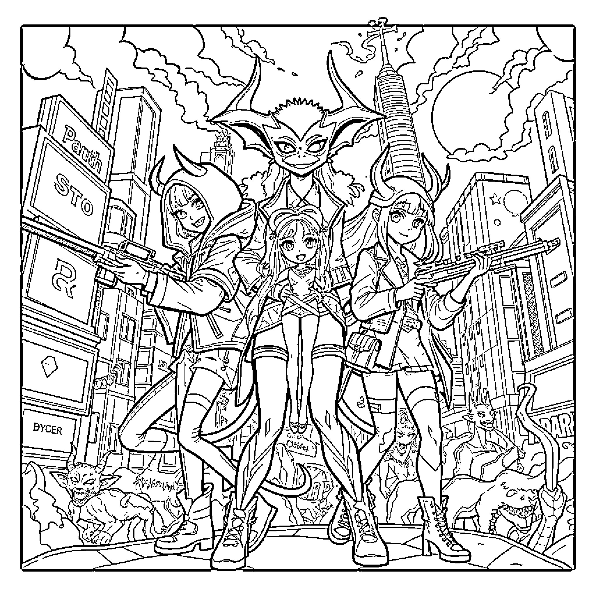 Demon Hunter Trio in Heroic Action Coloring Page (free black-and-white line drawing printable PDF for all, from beginners to advanced learners, including children, teens, adults, and seniors)