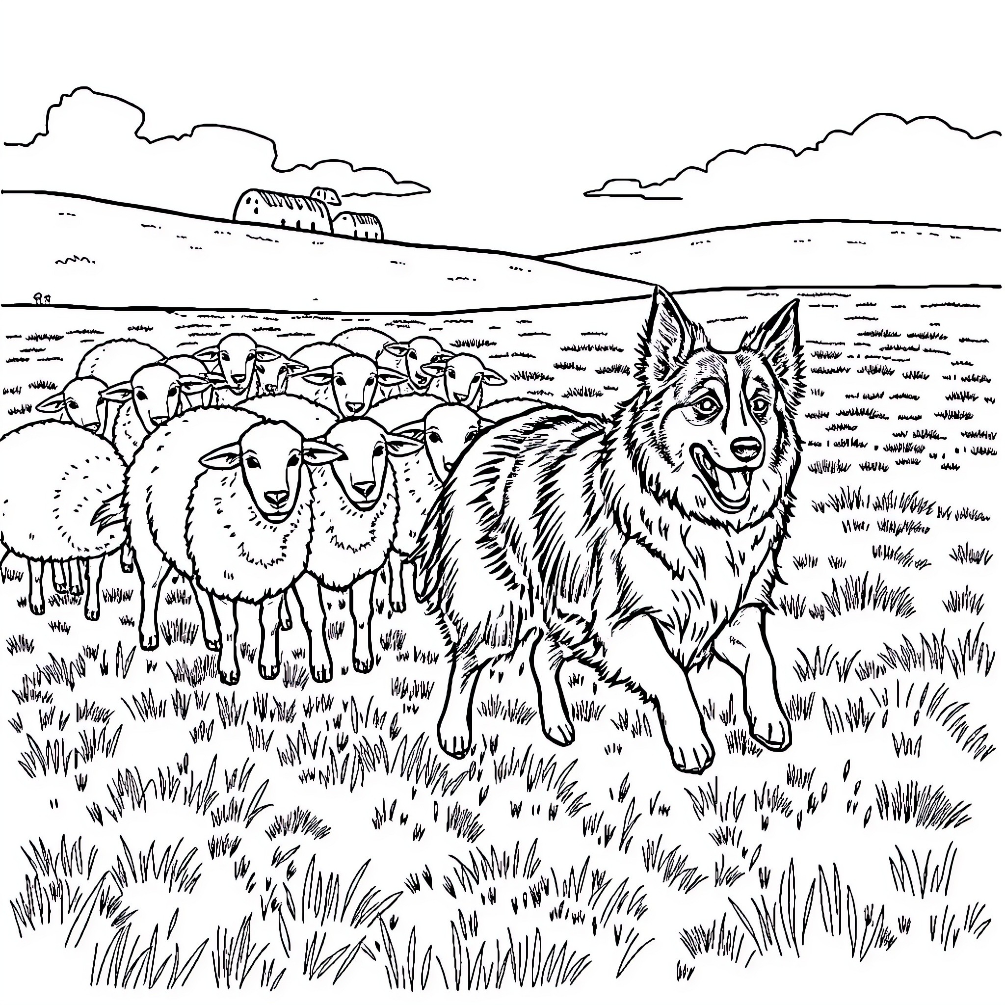 Border Collie herding a flock of sheep in a rural landscape Coloring Page (free black-and-white line drawing printable PDF for all, from beginners to advanced learners, including children, teens, adults, and seniors)
