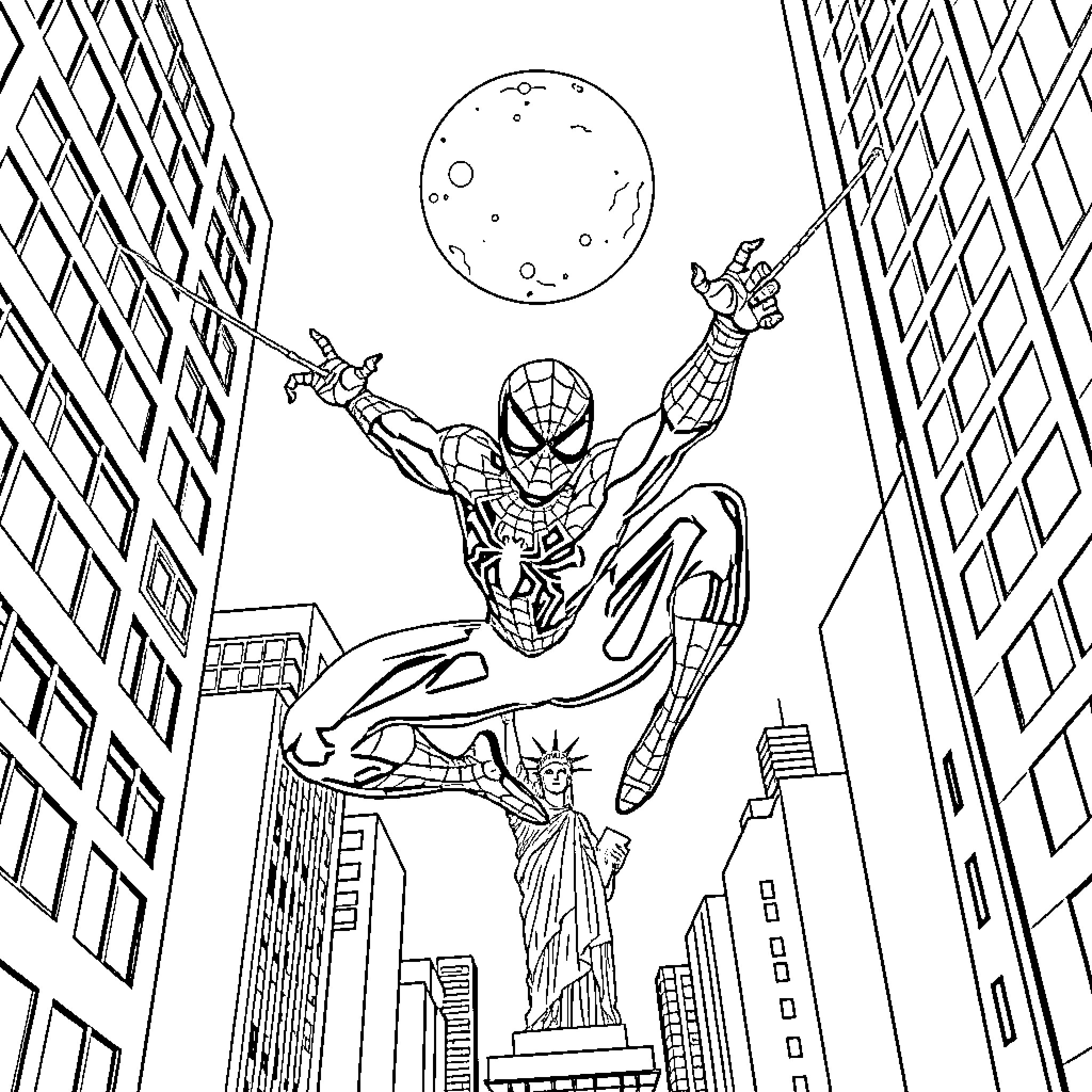 Spider-Man swinging through the city at night Coloring Page (free black-and-white line drawing printable PDF for all, from beginners to advanced learners, including children, teens, adults, and seniors)