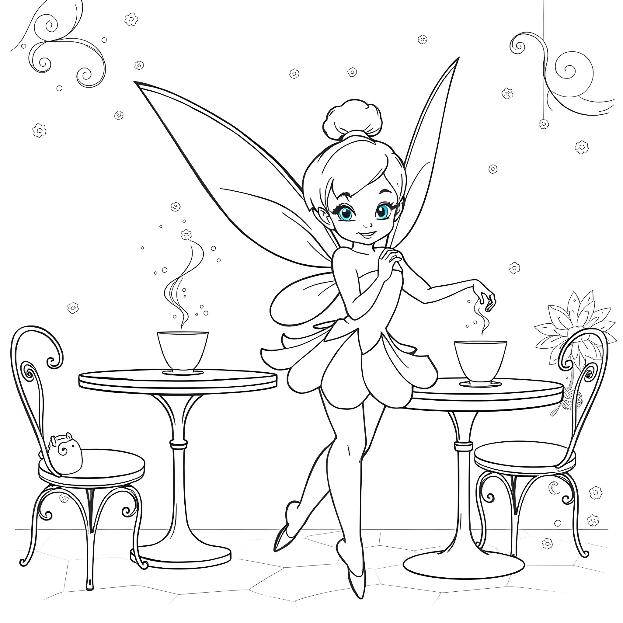 Tinkerbell enjoying tea time with fairy friends Coloring Page (free black-and-white line drawing printable PDF for all, from beginners to advanced learners, including children, teens, adults, and seniors)