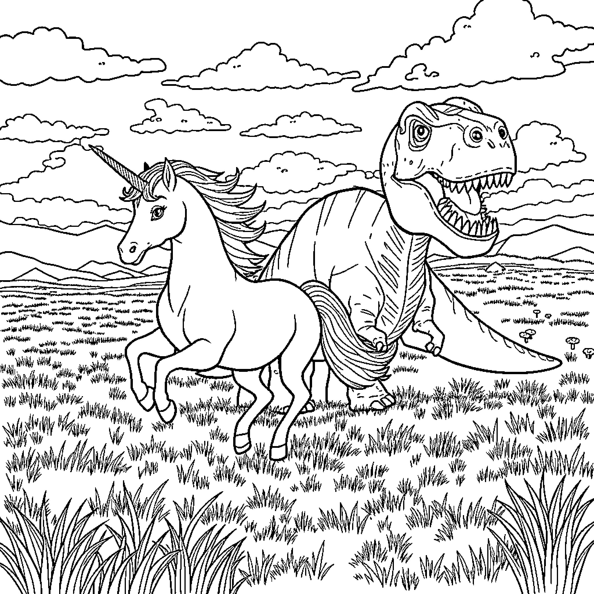 Unicorn galloping alongside a dinosaur in a field Coloring Page (free black-and-white line drawing printable PDF for all, from beginners to advanced learners, including children, teens, adults, and seniors)