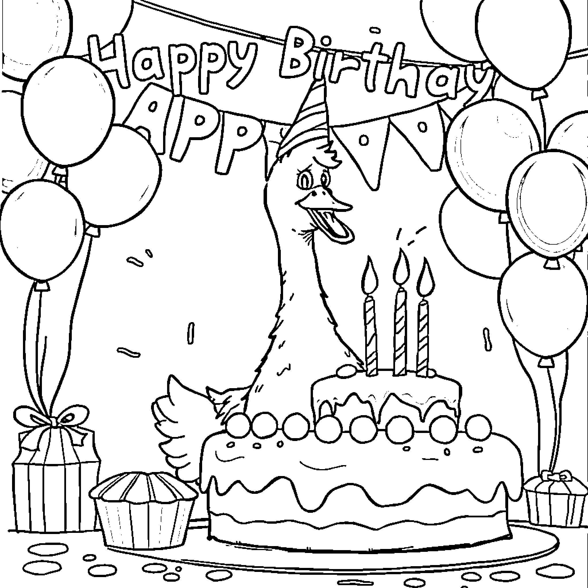Goose celebrating a joyful birthday party Coloring Page (free black-and-white line drawing printable PDF for all, from beginners to advanced learners, including children, teens, adults, and seniors)