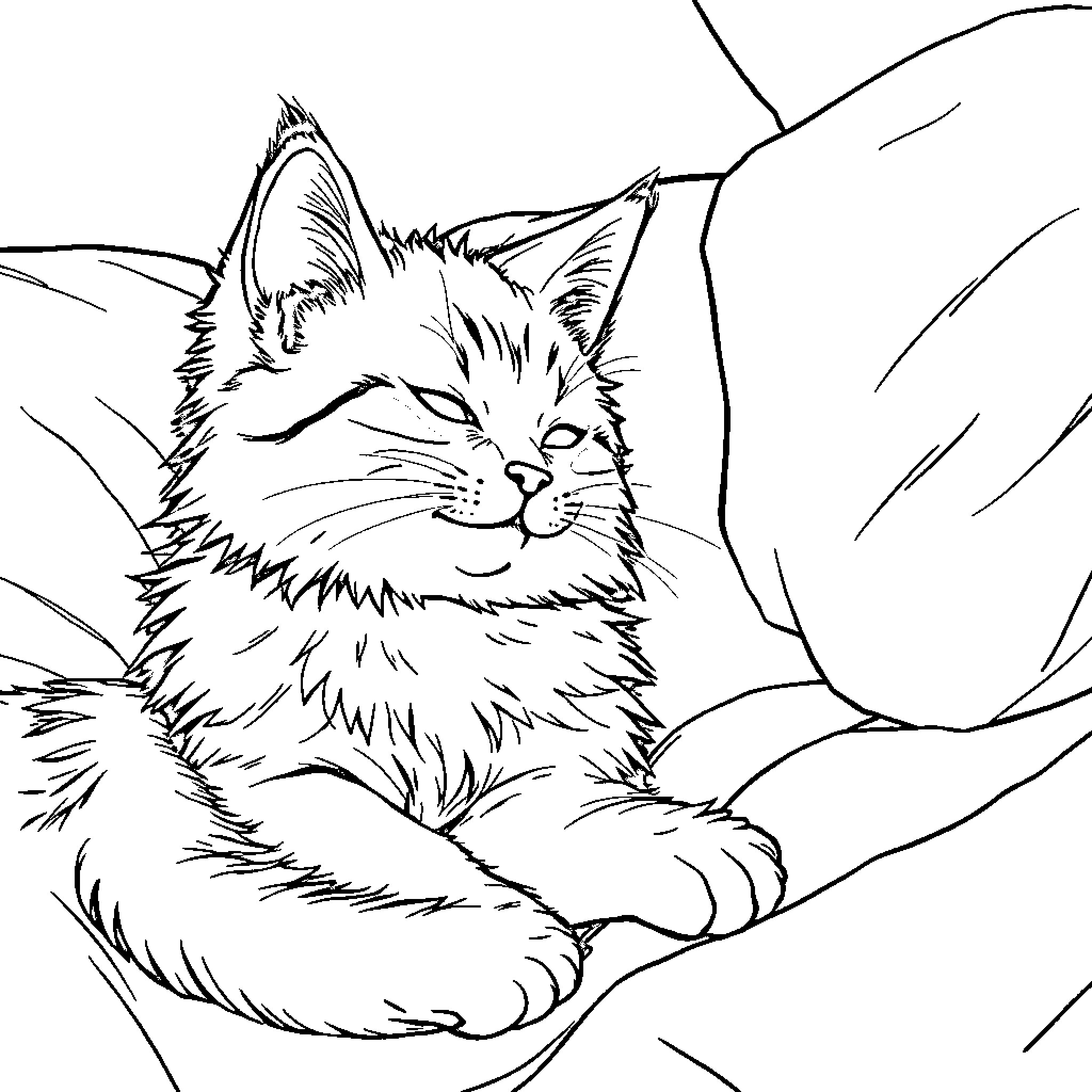 Cat lounging peacefully in cozy spot Coloring Page (free black-and-white line drawing printable PDF for all, from beginners to advanced learners, including children, teens, adults, and seniors)