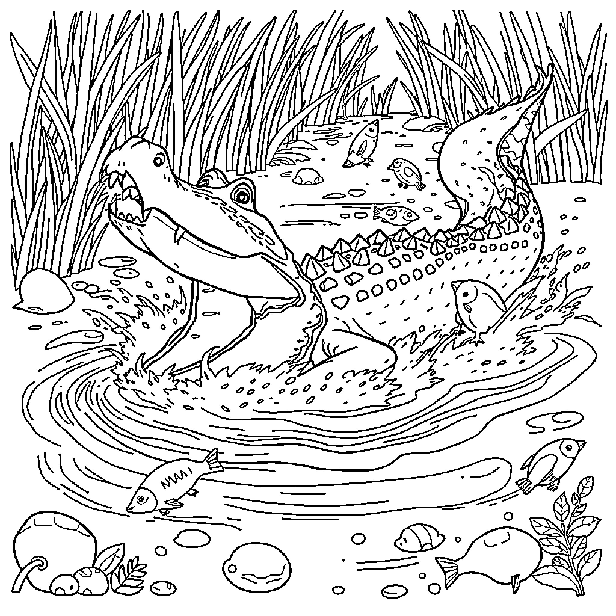 Crocodile hunting fish in the river Coloring Page (free black-and-white line drawing printable PDF for all, from beginners to advanced learners, including children, teens, adults, and seniors)
