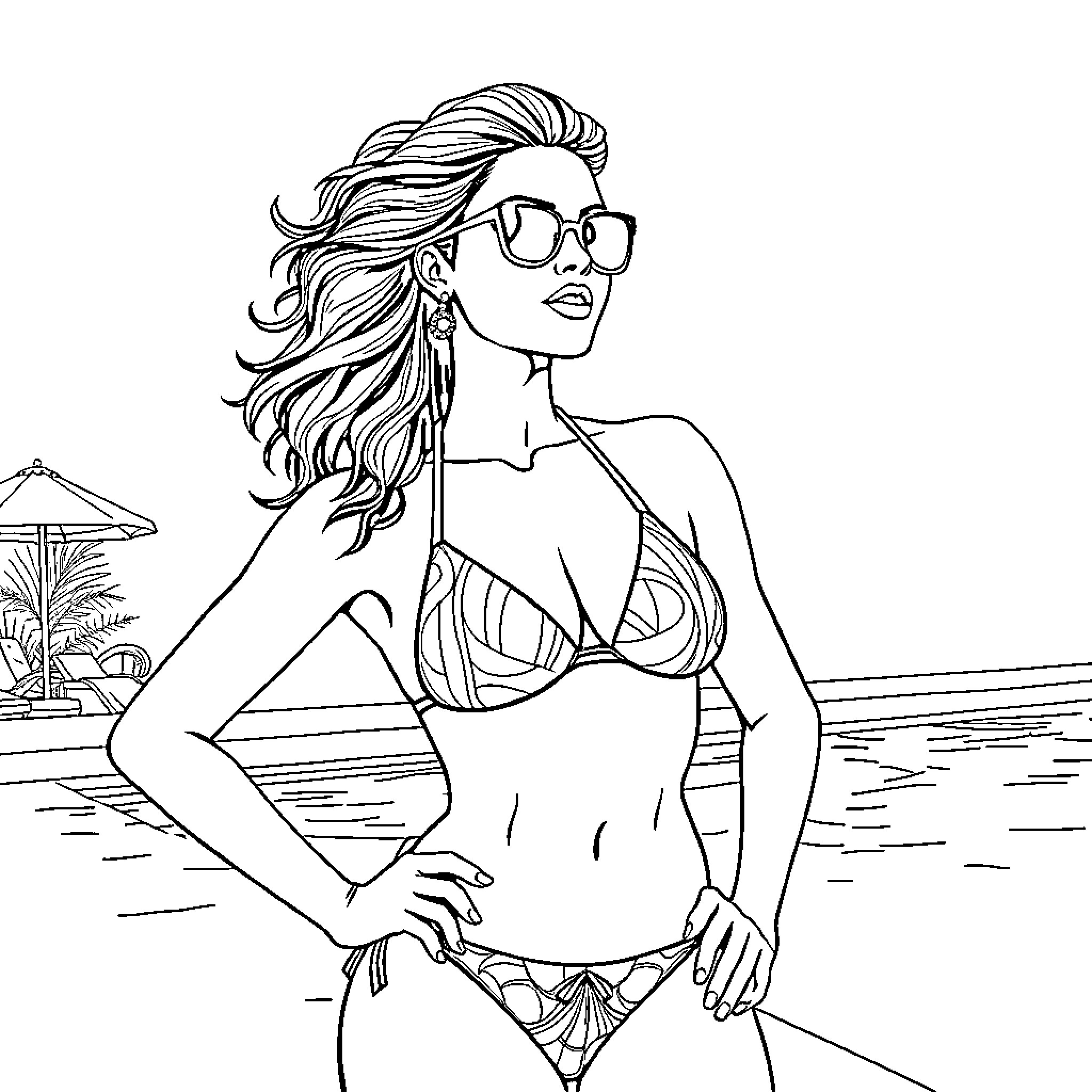 Woman relaxing by the pool on a sunny day Coloring Page (free black-and-white line drawing printable PDF for all, from beginners to advanced learners, including children, teens, adults, and seniors)