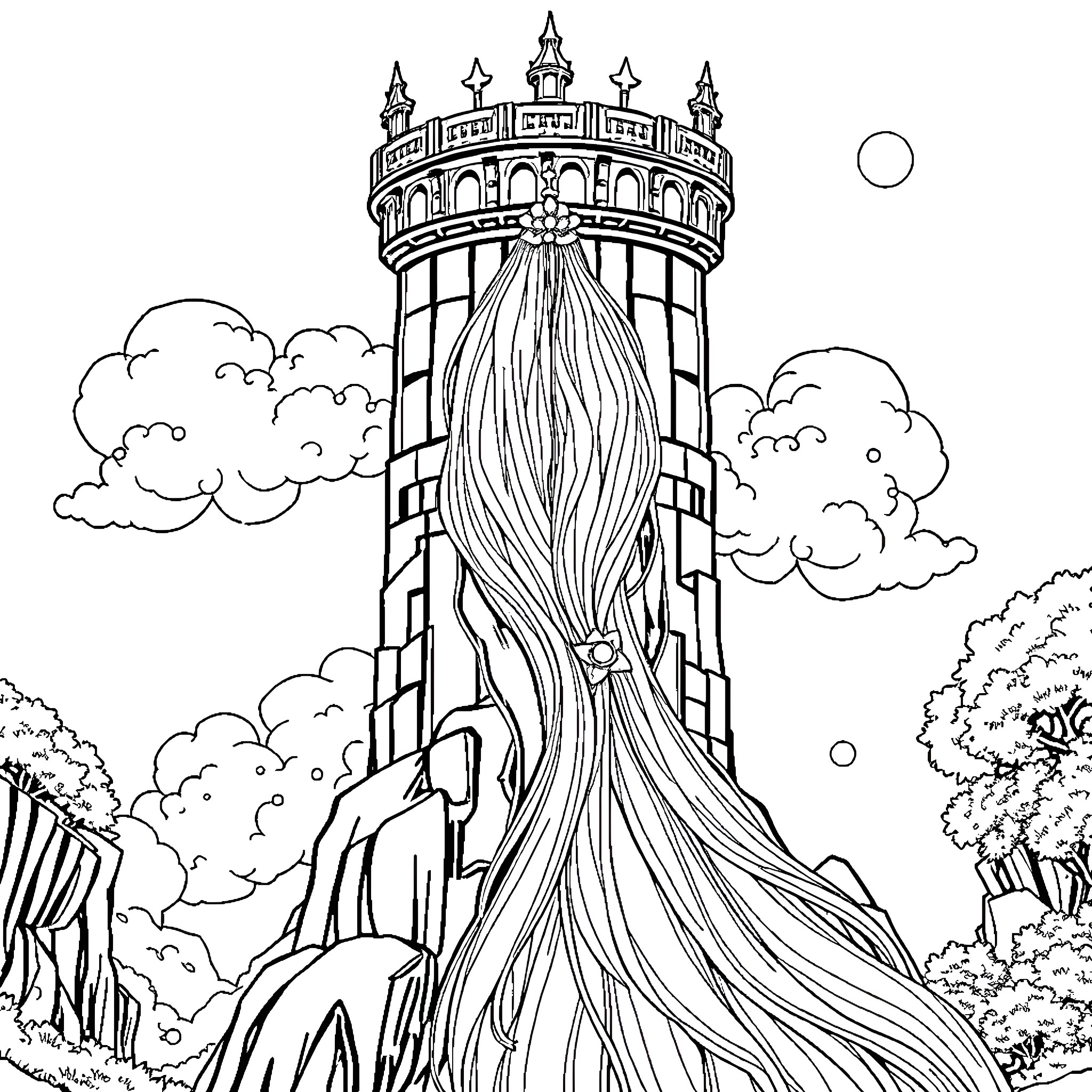 Princess Rapunzel's Magical Tower in the Enchanted Forest Coloring Page (free black-and-white line drawing printable PDF for all, from beginners to advanced learners, including children, teens, adults, and seniors)