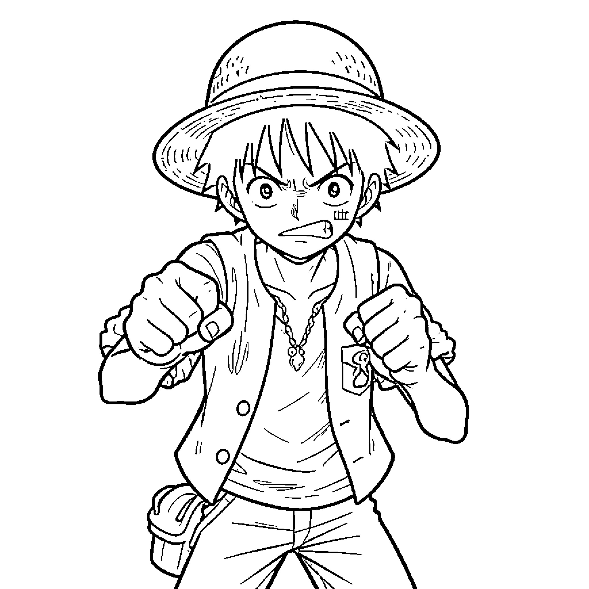 Luffy striking a determined fighting pose Coloring Page (free black-and-white line drawing printable PDF for all, from beginners to advanced learners, including children, teens, adults, and seniors)