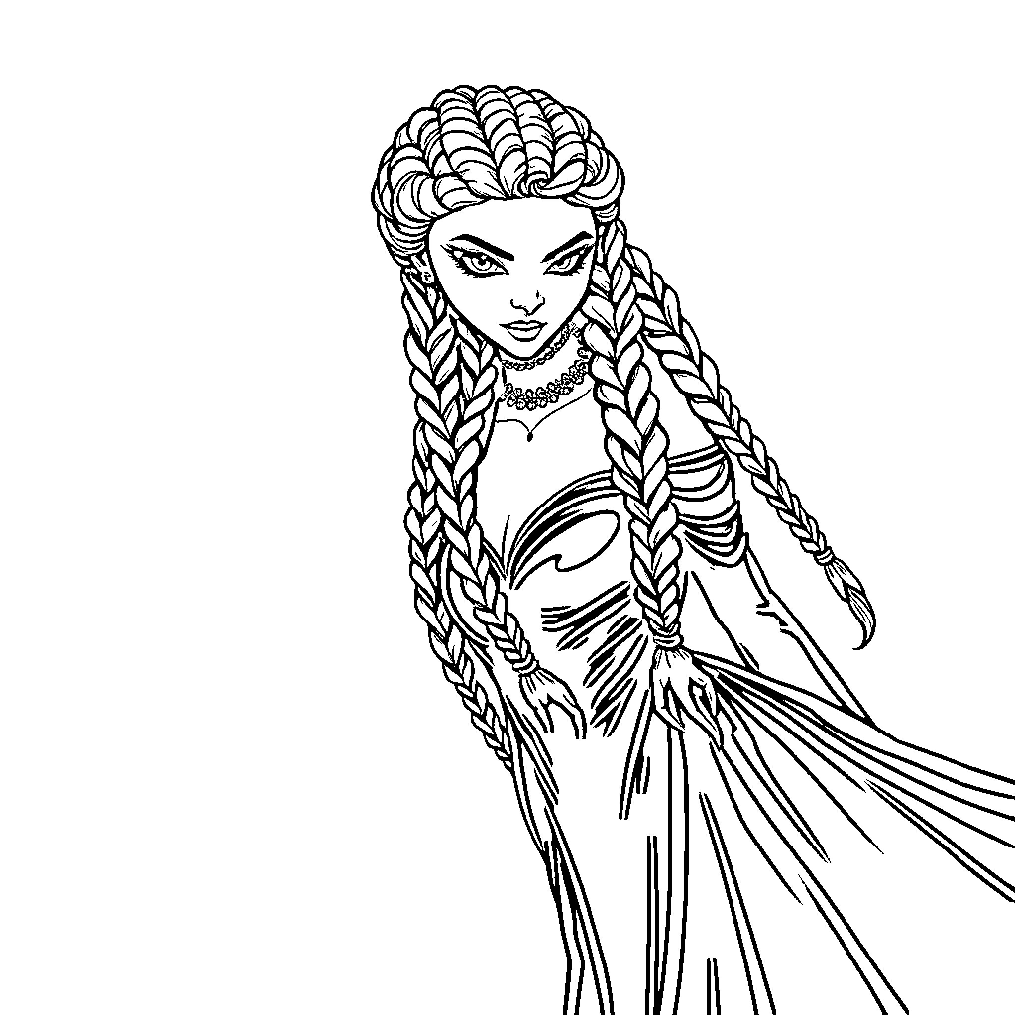 Princess with intricate braided hairstyle and flowing dress Coloring Page (free black-and-white line drawing printable PDF for all, from beginners to advanced learners, including children, teens, adults, and seniors)