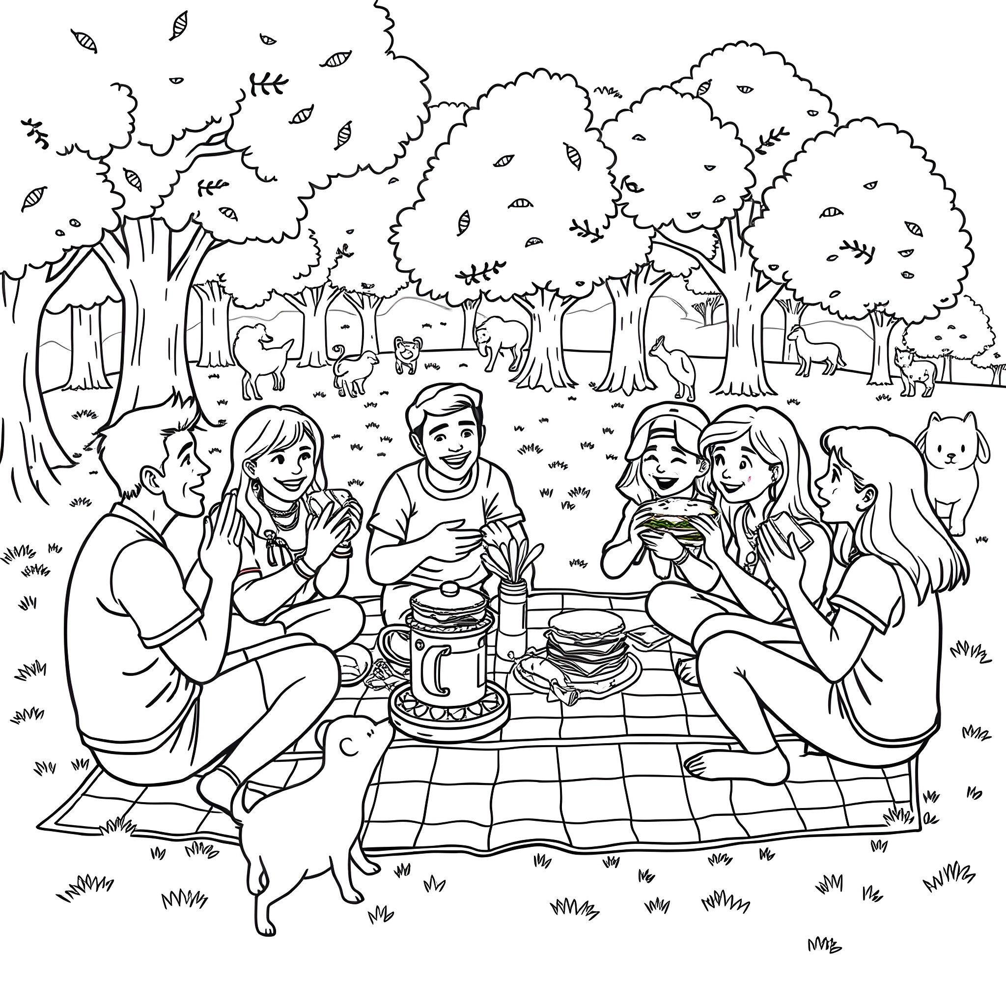 Person enjoying a picnic with friends in the forest Coloring Page (free black-and-white line drawing printable PDF for all, from beginners to advanced learners, including children, teens, adults, and seniors)