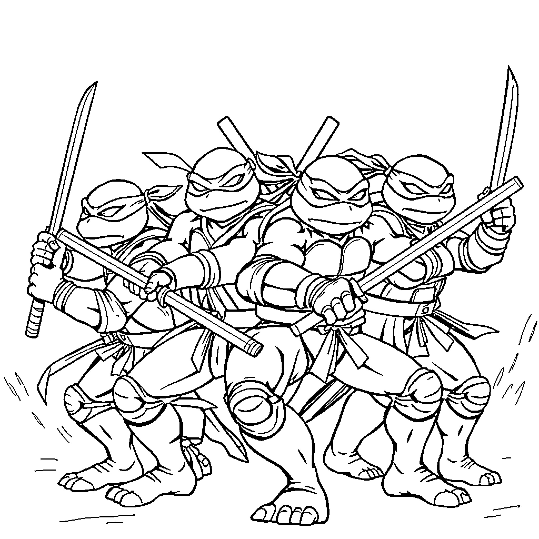 Ninja Turtle squad in action with swords and weapons Coloring Page (free black-and-white line drawing printable PDF for all, from beginners to advanced learners, including children, teens, adults, and seniors)