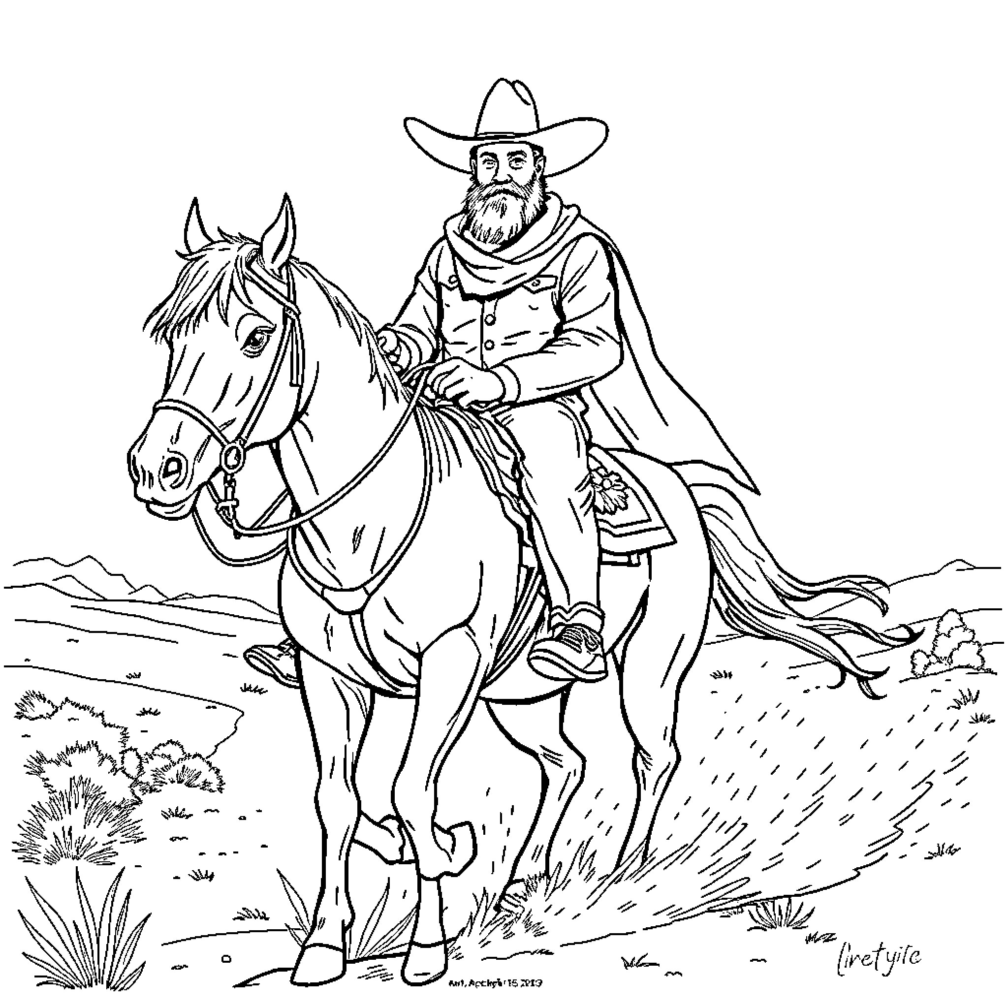Cowboy riding horse in the wild landscape Coloring Page (free black-and-white line drawing printable PDF for all, from beginners to advanced learners, including children, teens, adults, and seniors)