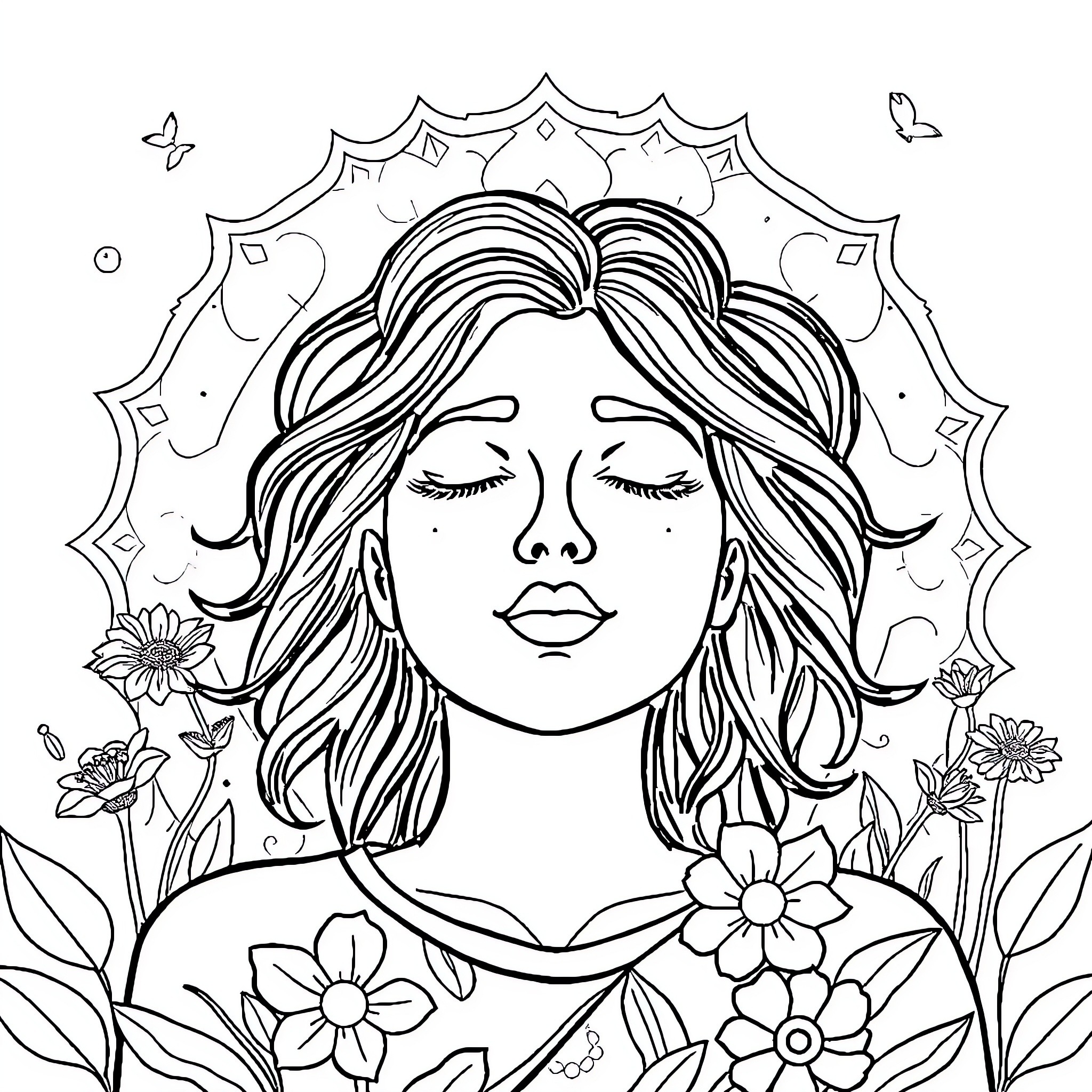 Wellness Moments of Feminine Tranquility Coloring Page (free black-and-white line drawing printable PDF for all, from beginners to advanced learners, including children, teens, adults, and seniors)