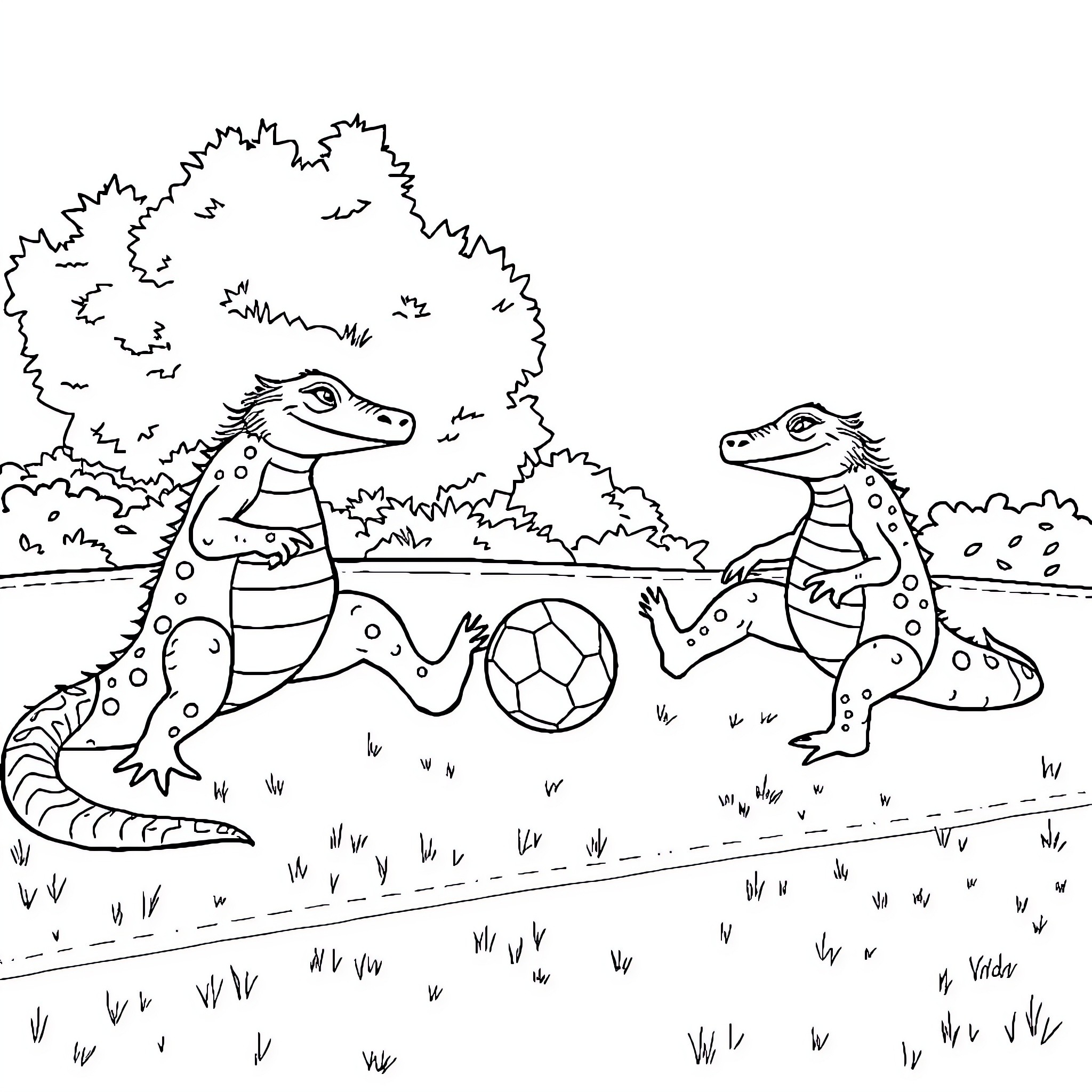 Lion dinosaurs playing soccer in the wilderness Coloring Page (free black-and-white line drawing printable PDF for all, from beginners to advanced learners, including children, teens, adults, and seniors)
