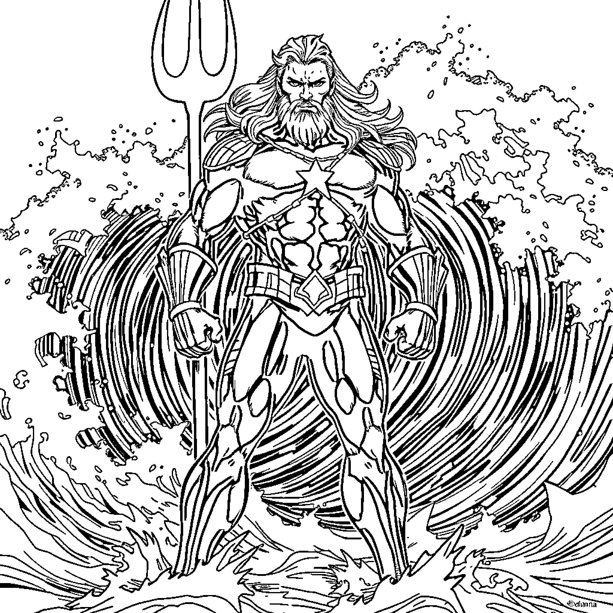 Aquaman heroically standing against the crashing waves Coloring Page (free black-and-white line drawing printable PDF for all, from beginners to advanced learners, including children, teens, adults, and seniors)