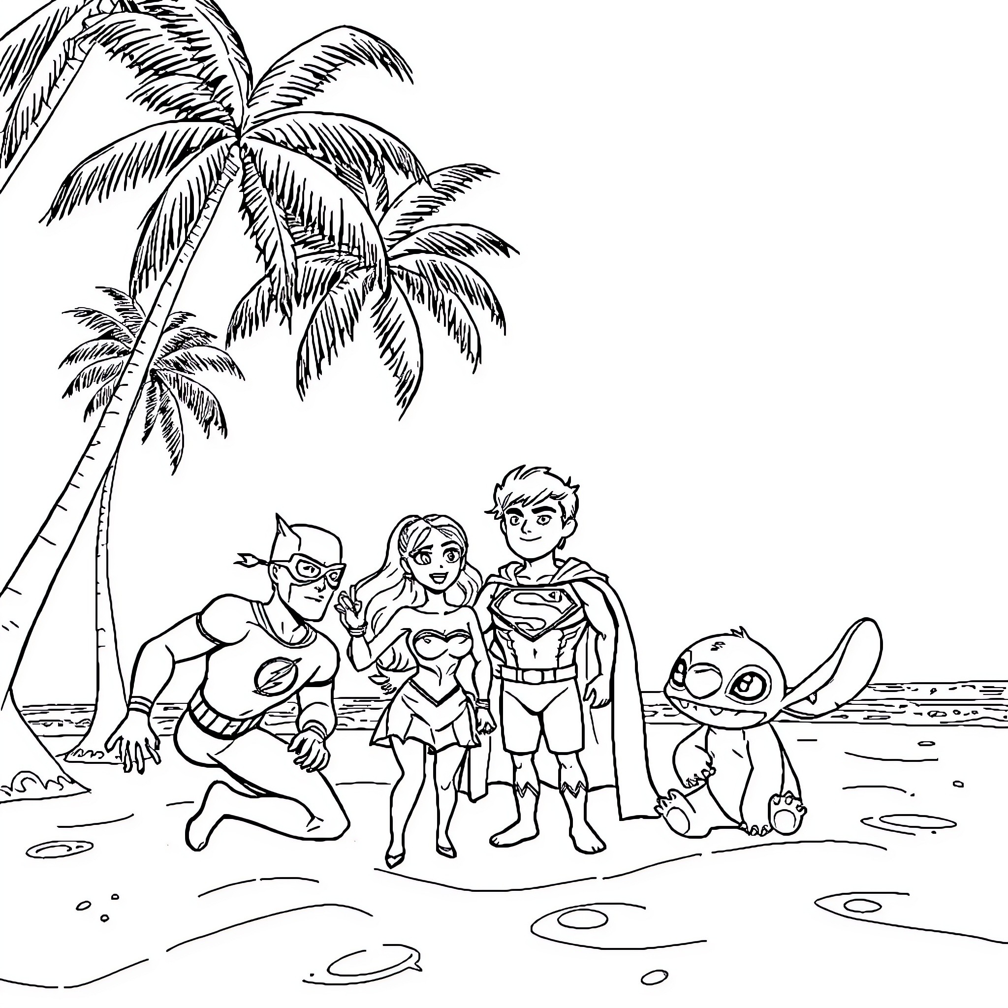 Flash of Heroic Costumes on the Beach Coloring Page (free black-and-white line drawing printable PDF for all, from beginners to advanced learners, including children, teens, adults, and seniors)