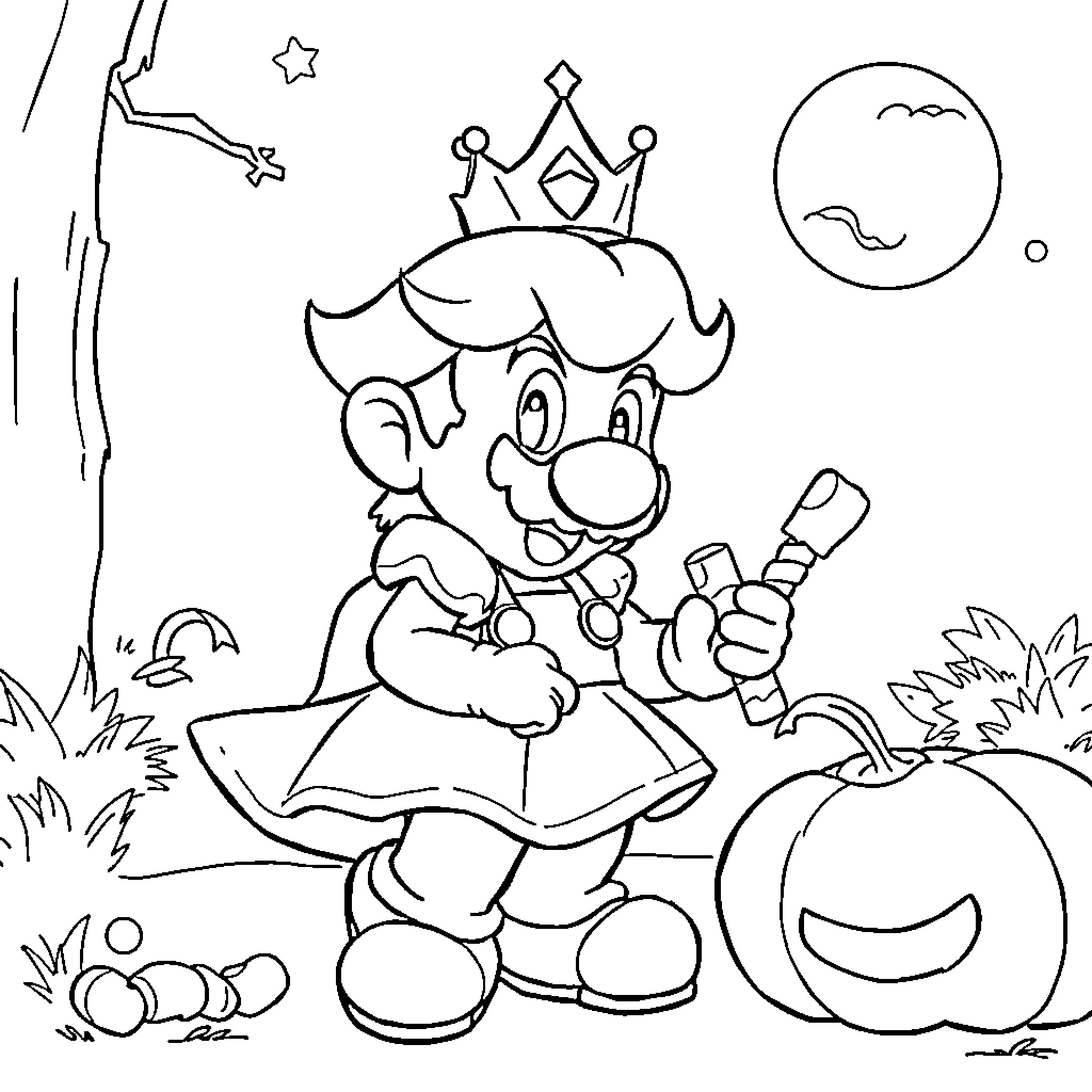 Mario as a Victorious Adventurer Coloring Page (free black-and-white line drawing printable PDF for all, from beginners to advanced learners, including children, teens, adults, and seniors)