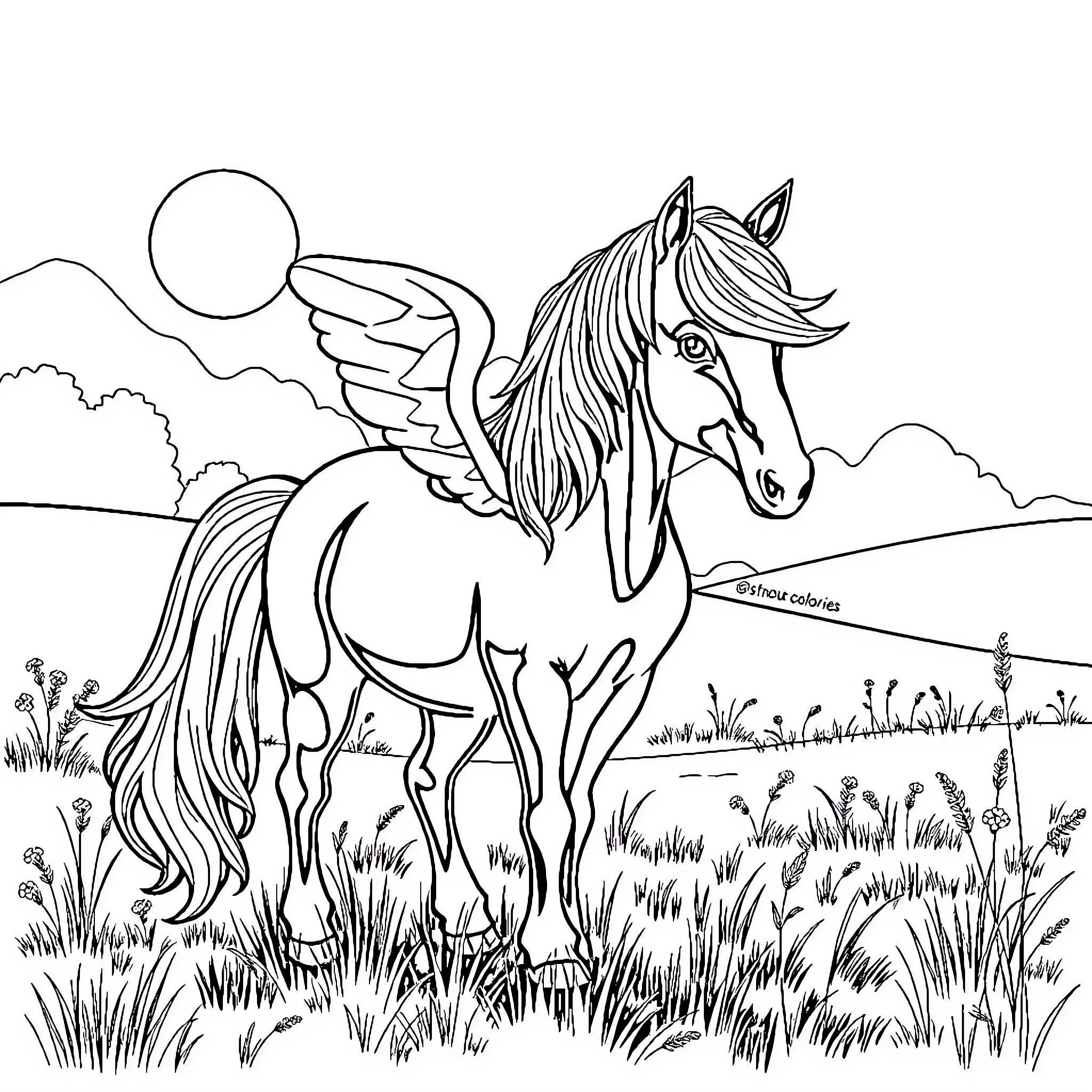 Pony with wings wandering in a serene field Coloring Page (free black-and-white line drawing printable PDF for all, from beginners to advanced learners, including children, teens, adults, and seniors)