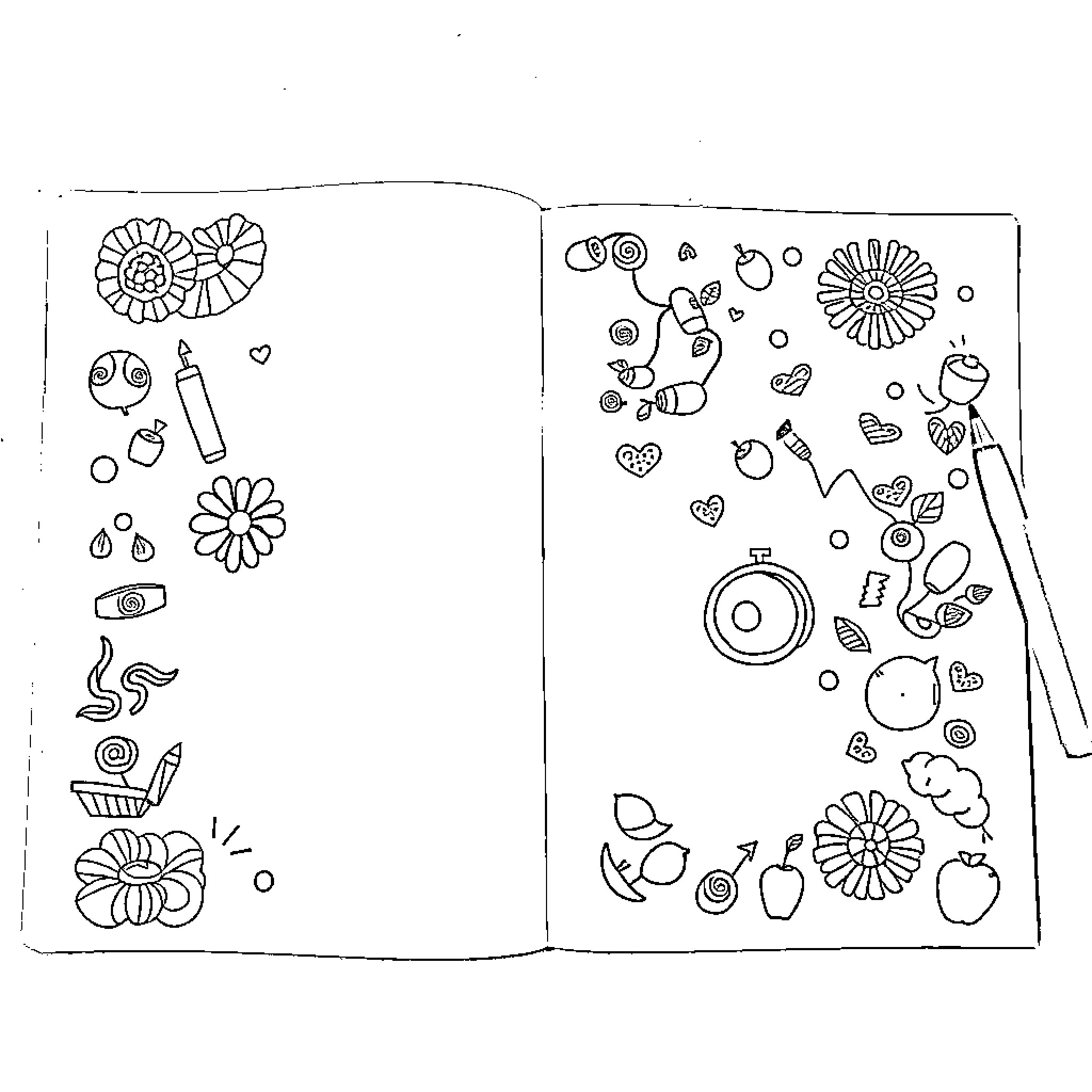 Doodle of flowers, hearts, and various artistic elements Coloring Page (free black-and-white line drawing printable PDF for all, from beginners to advanced learners, including children, teens, adults, and seniors)